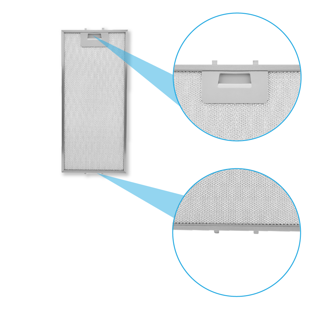 Un filtro metallico rettangolare per cappa aspirante con viste ravvicinate.