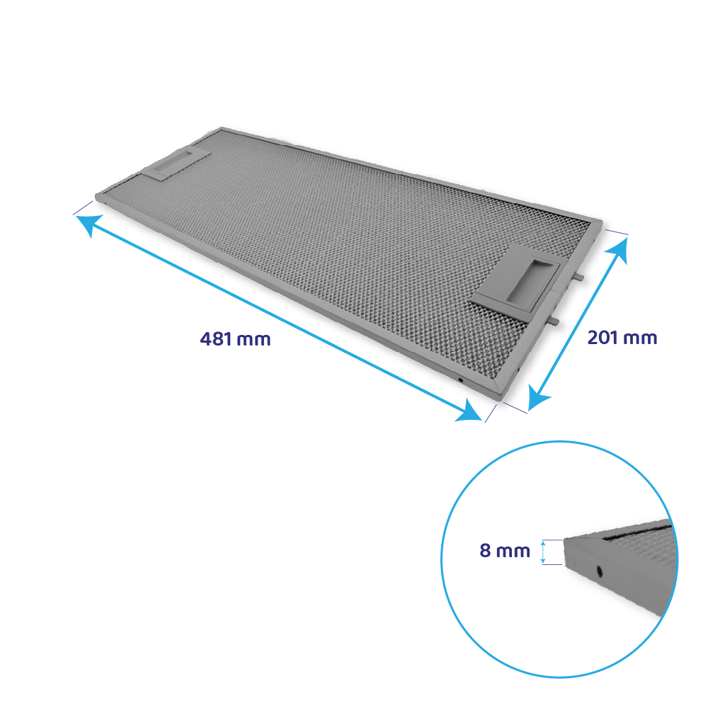 Grauer Metallfilter mit Maßen 481x201x8 mm, mit Gitternetzstruktur.