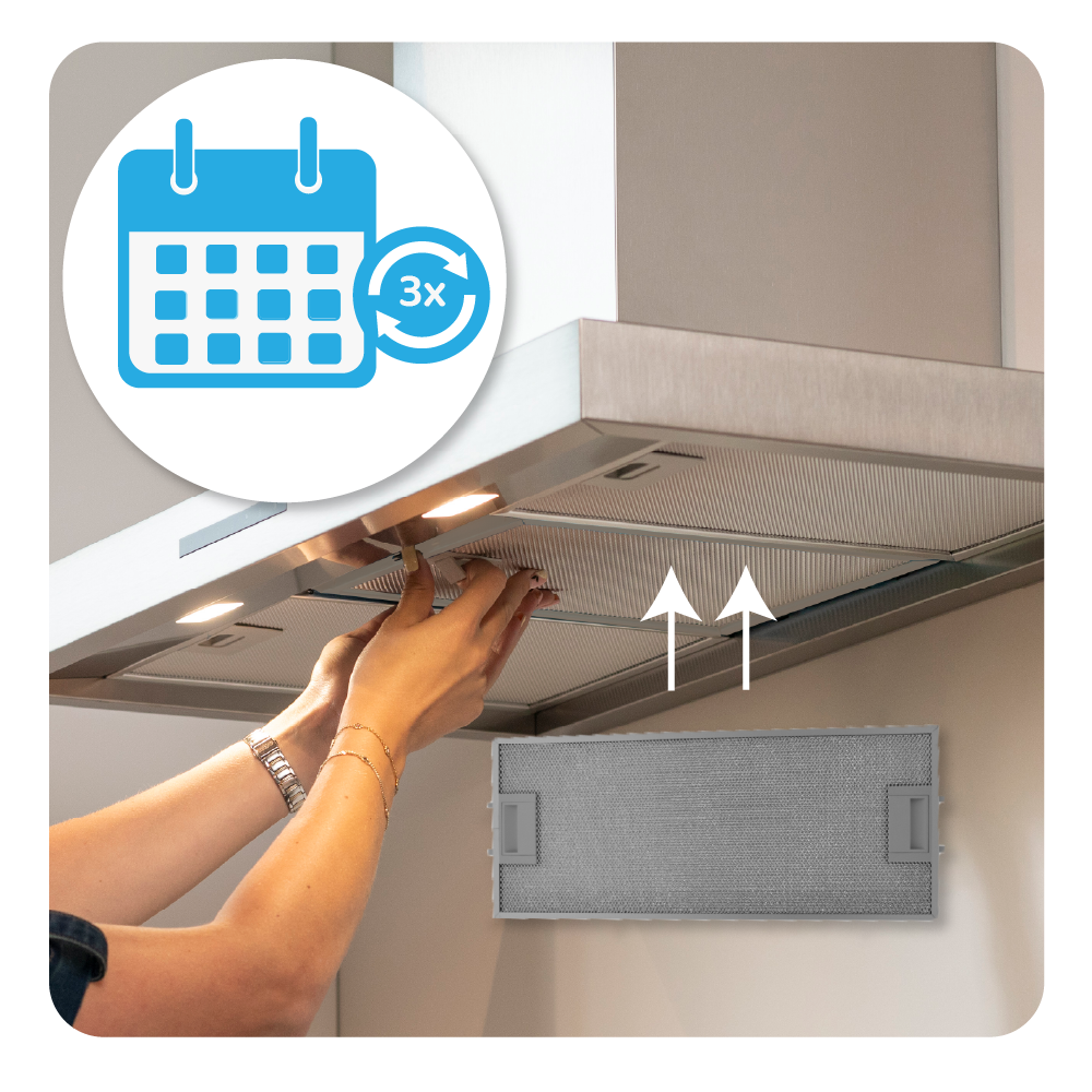 Hände wechseln Fettfilter der Dunstabzugshaube. Kalender-Symbol mit 3x.