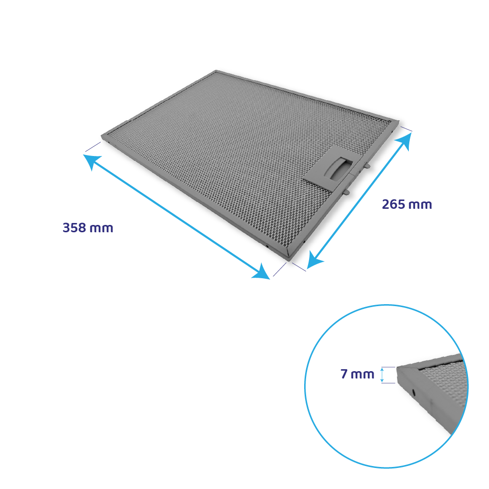 Grauer Dunstabzugshaubenfilter, 358x265x7 mm, mit Griff.