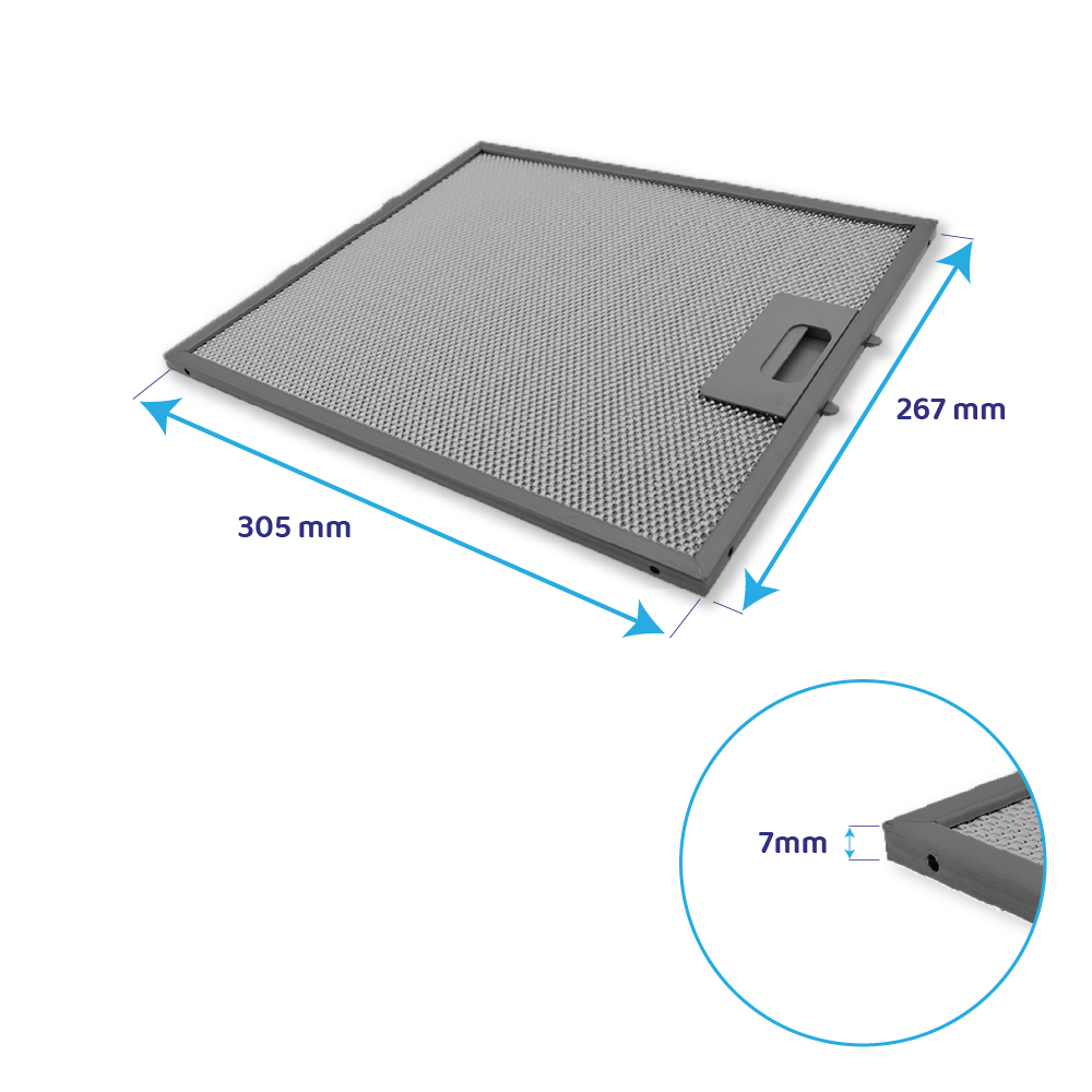 Ein grauer Metallfilter mit Maßen 305x267x7mm und einem Griff.