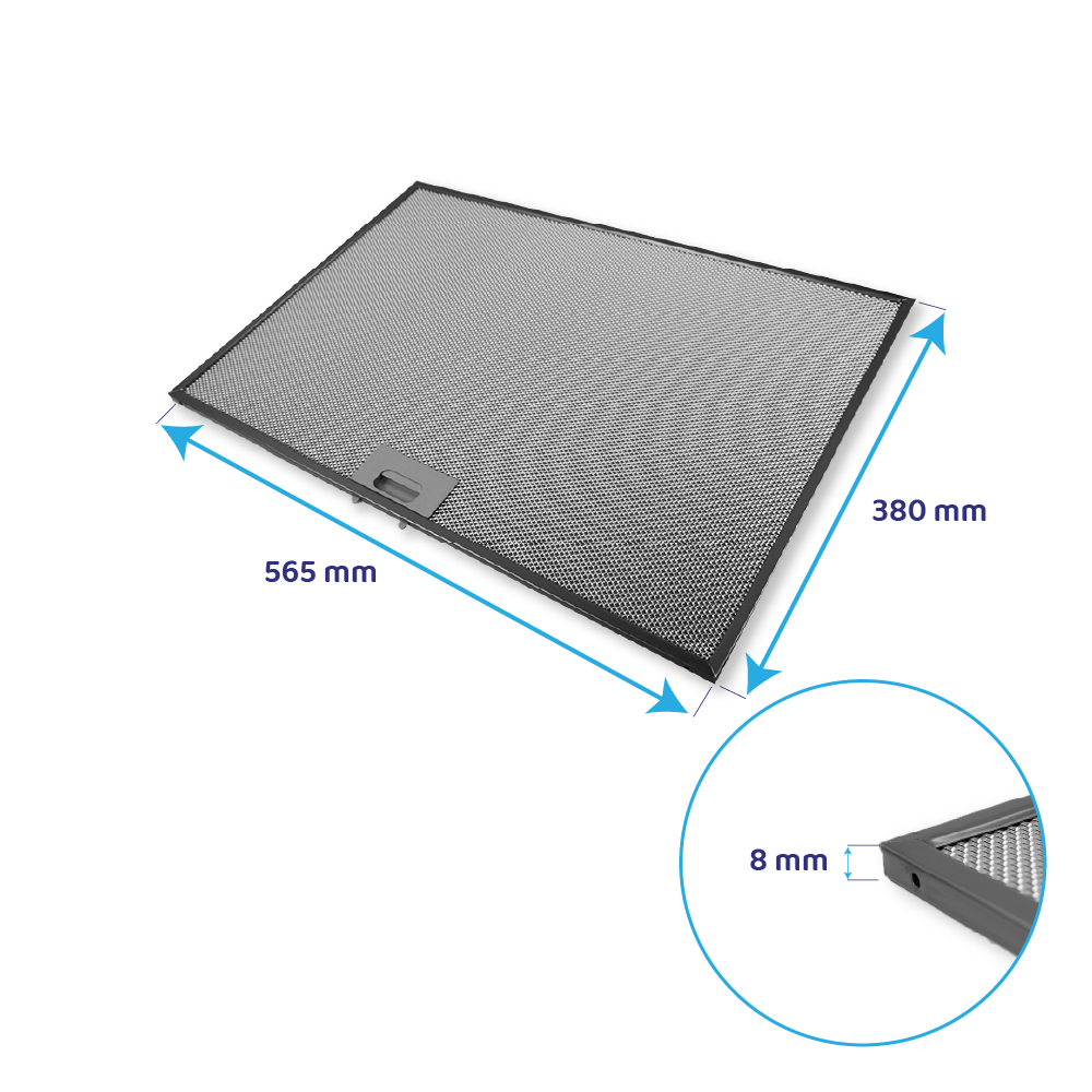 Ein Metallfilter mit den Maßen 565x380 mm und einer Dicke von 8 mm.