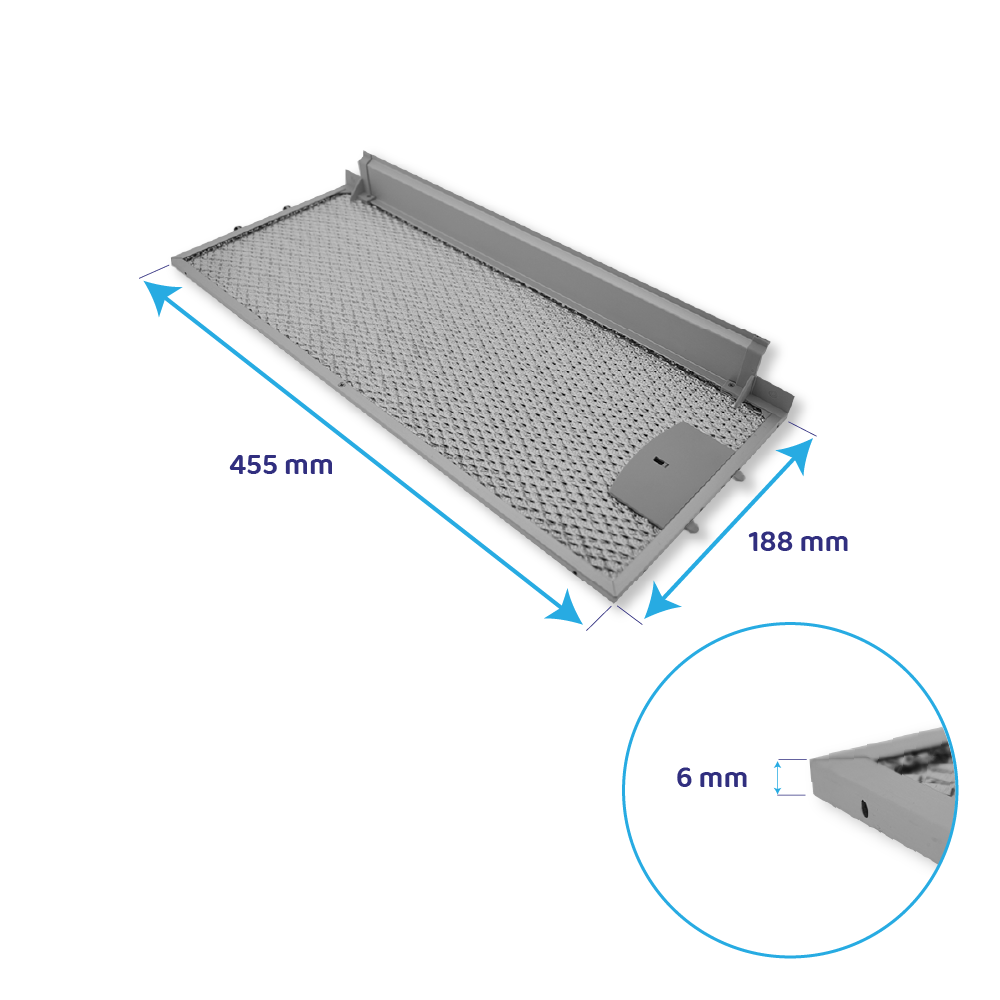 Ein grauer Dunstabzugshaubenfilter mit Maßen 455 mm x 188 mm und einer Dicke von 6 mm.