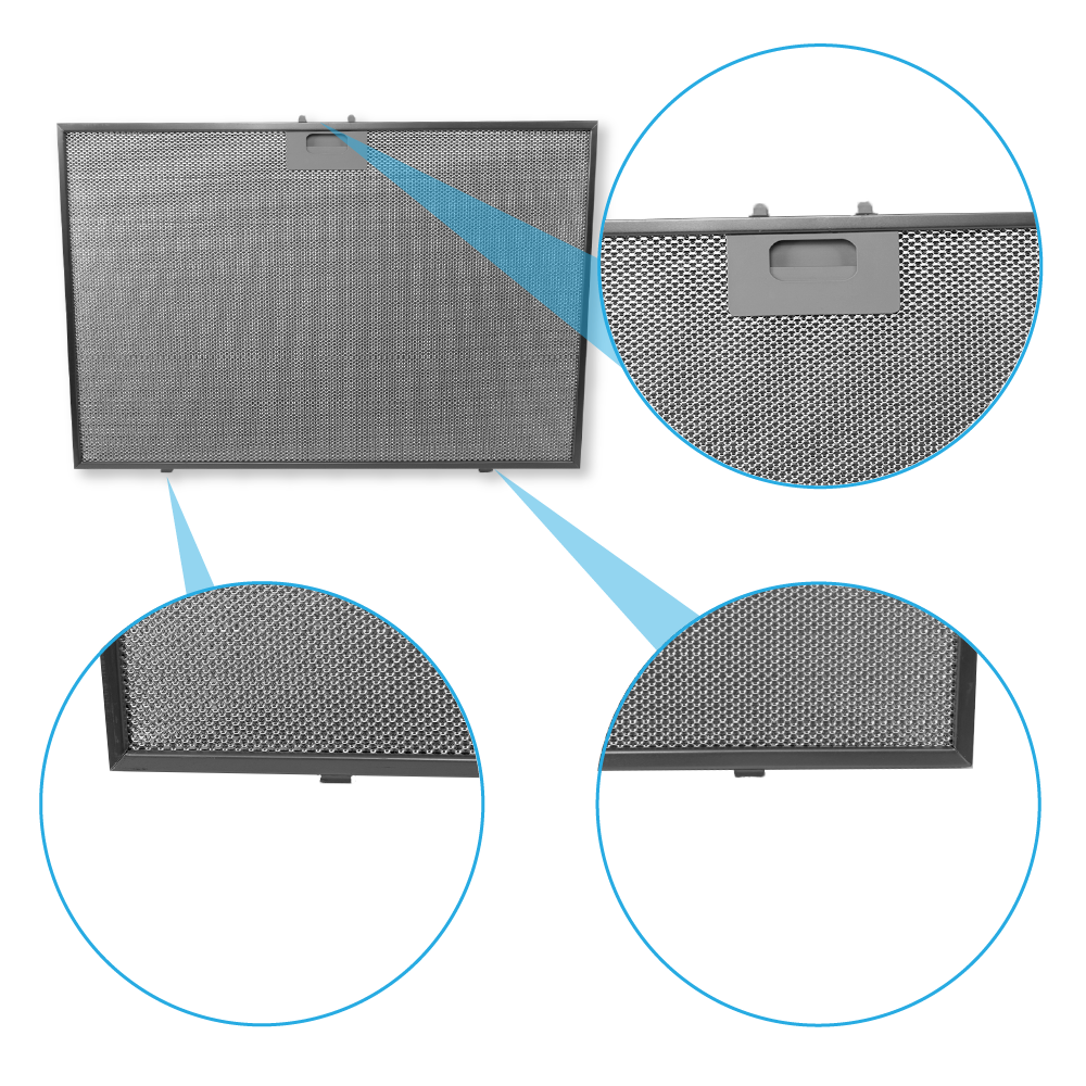 Ein rechteckiger Metallgitterfilter mit grauem Rahmen und Griff. Nahaufnahmen zeigen das feine Gitter.
