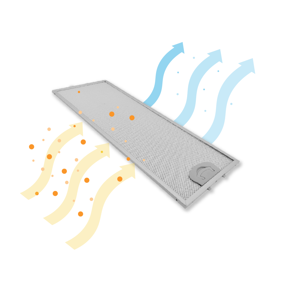 Un filtro per cappa da cucina argentato con frecce di flusso d'aria gialle e blu.