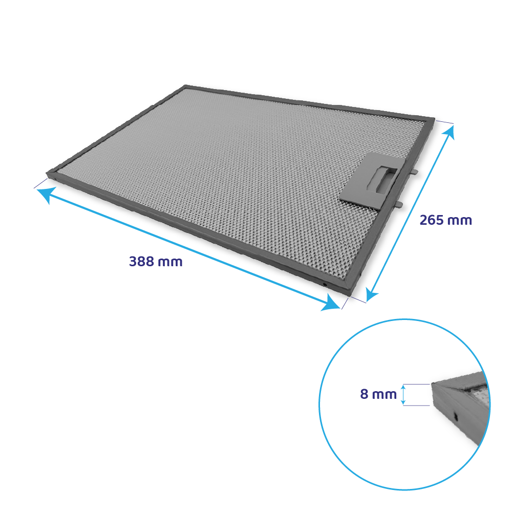 Grauer Metallfettfilter, 388x265 mm, mit detaillierter Ansicht der Dicke von 8 mm.