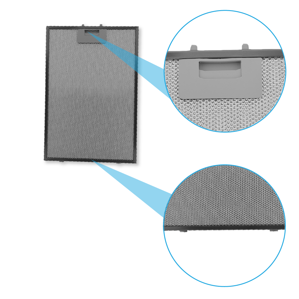 Ein grauer Metallfilter mit einem Griff oben, Ausschnitt von oben und unten.