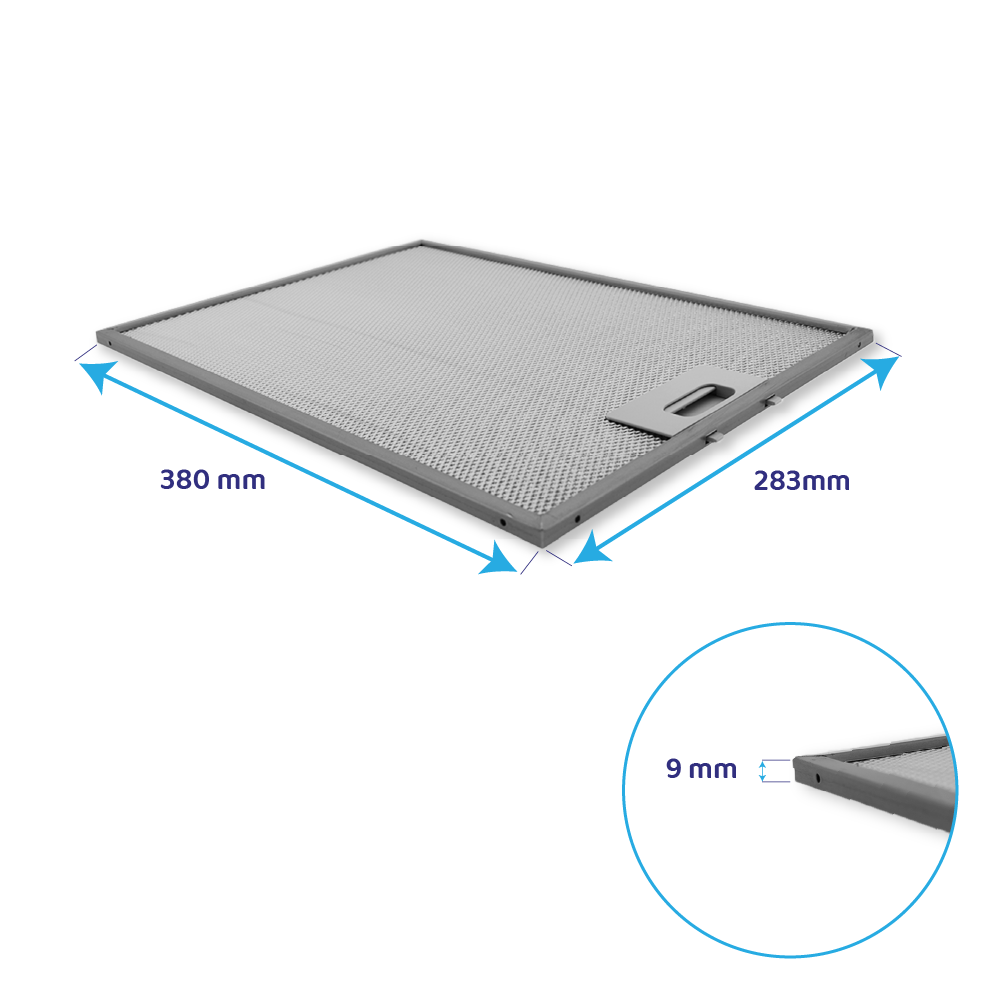 Grauer Dunstabzugshaubenfilter, 380x283mm, 9mm dick.
