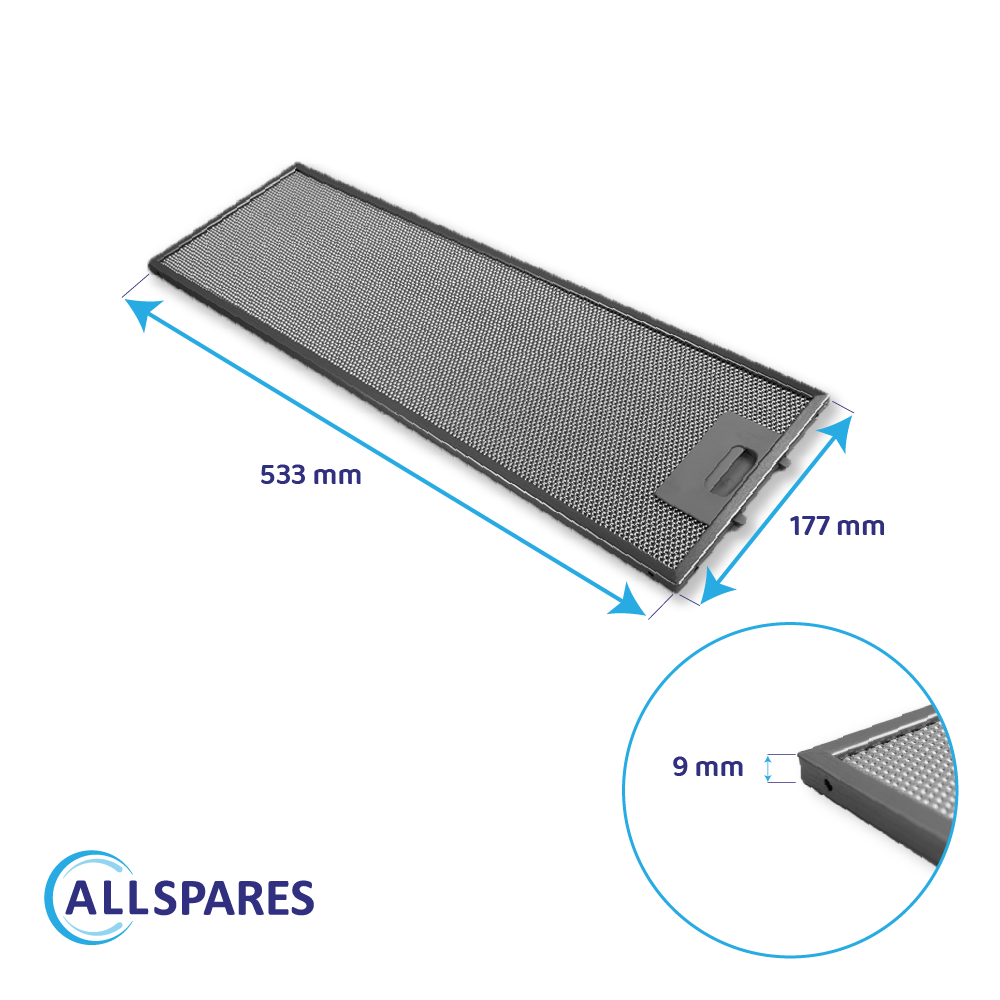 Un filtro rettangolare in metallo per cappa da cucina da 533x177x9mm.