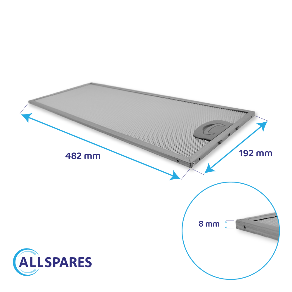 Filtro cappa grigio, 482x192mm, con dimensioni.