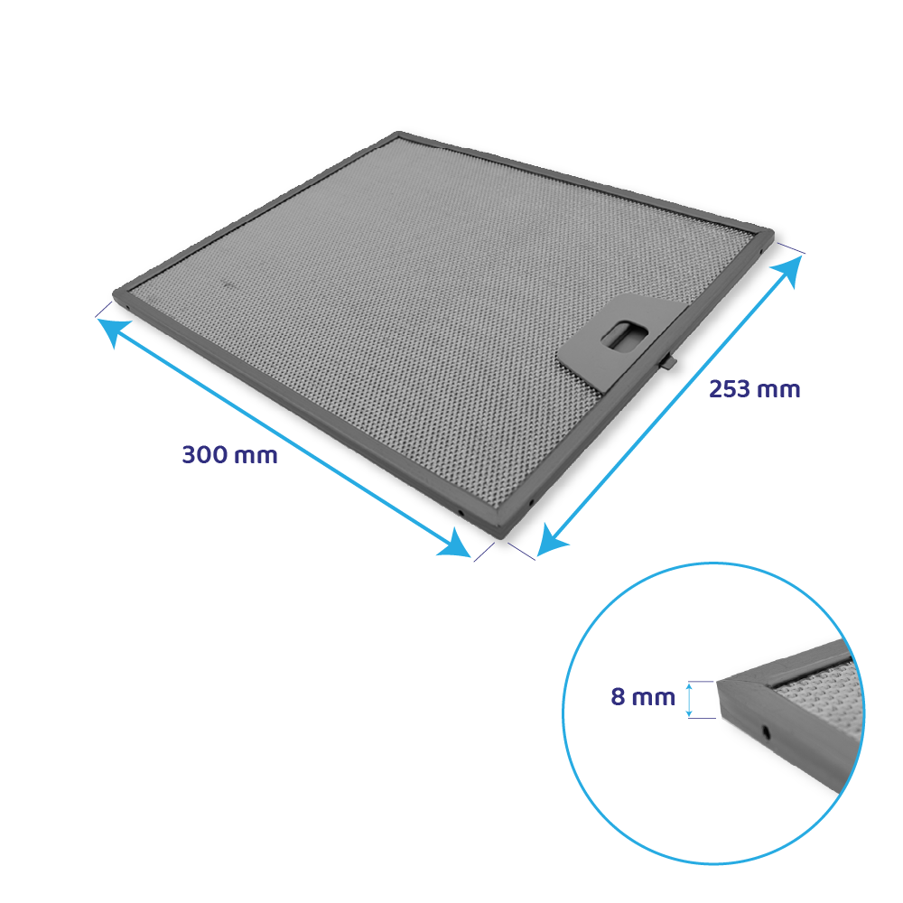 Grauer Dunstabzugshaubenfilter mit Maßen 300x253x8mm.