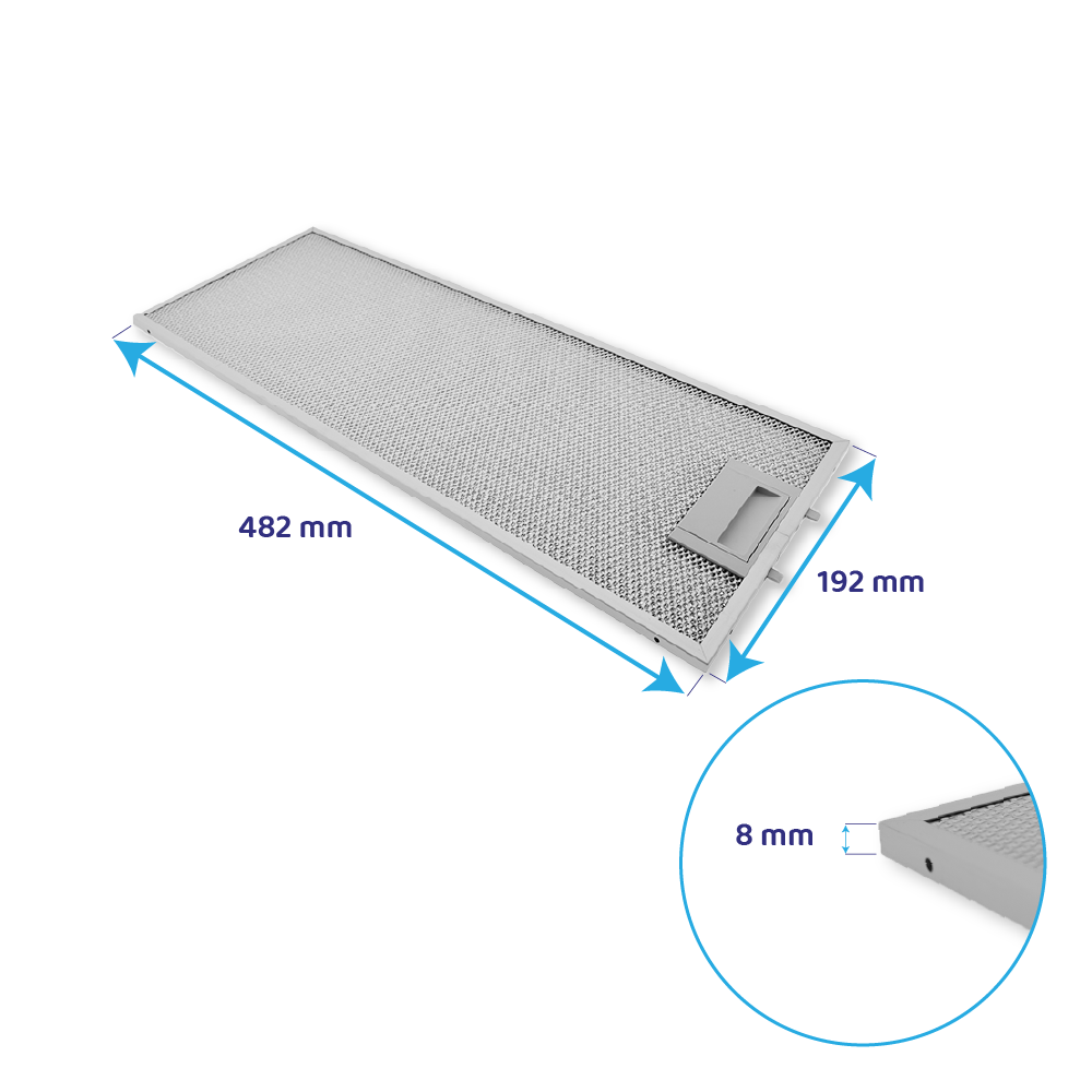 Metallfilter mit Maßen 482x192 mm und 8 mm Dicke.