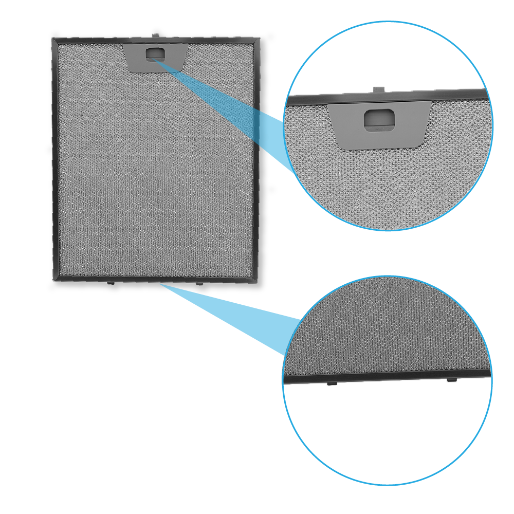Grauer Metallfilter mit zwei Nahaufnahmen, die Details zeigen.