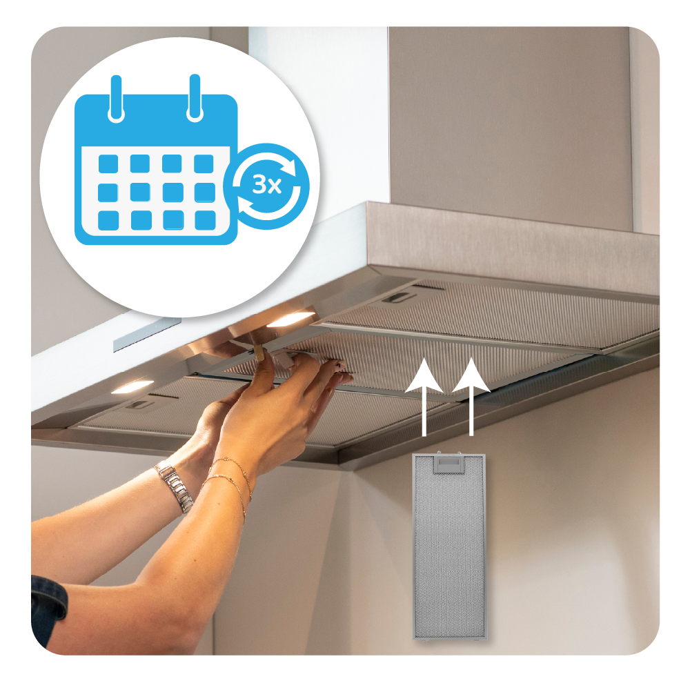 Person reinigt Dunstabzugshaubenfilter. Kalender-Symbol mit 3x.