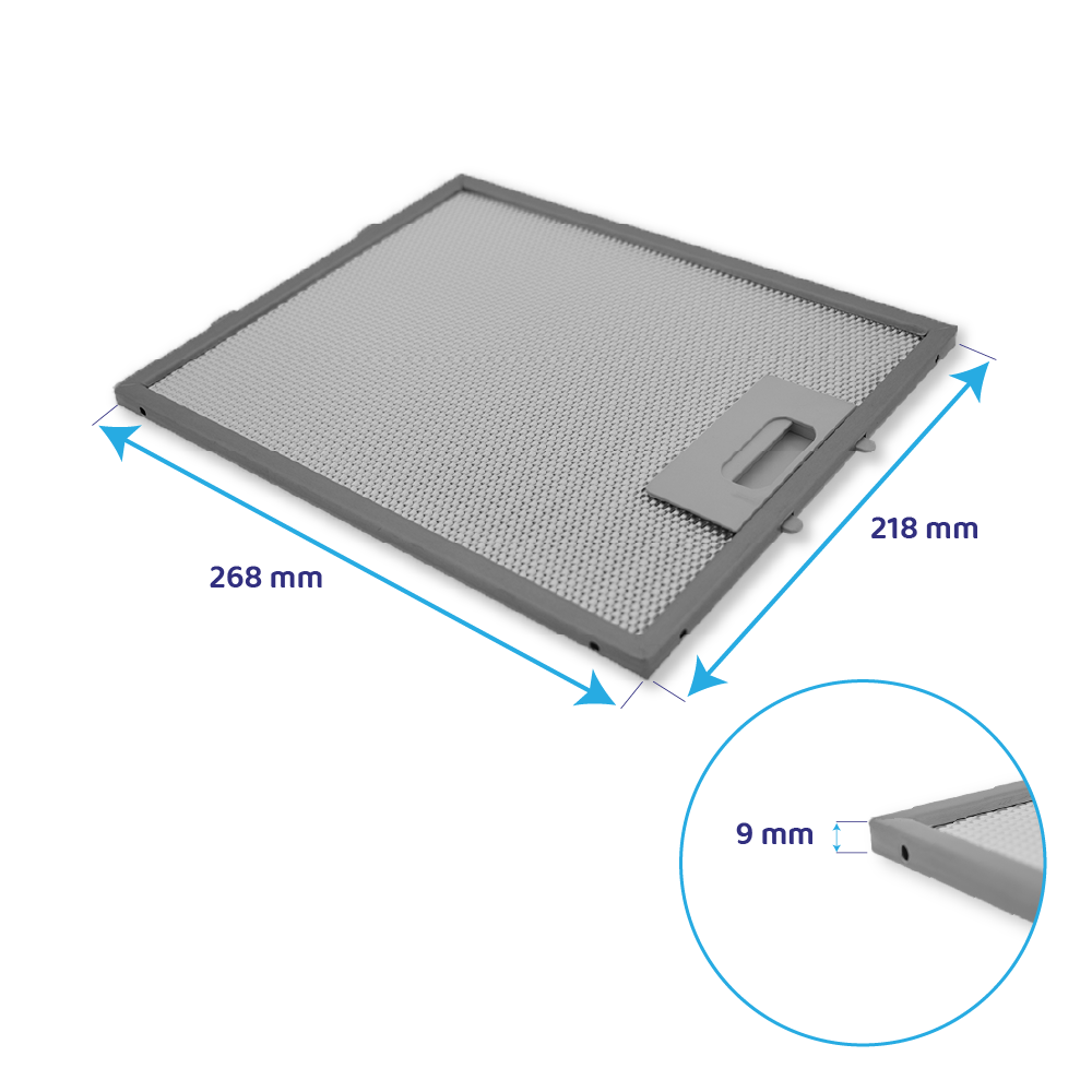 Grauer Dunstabzugshaubenfilter, 268x218x9 mm, mit Griff.