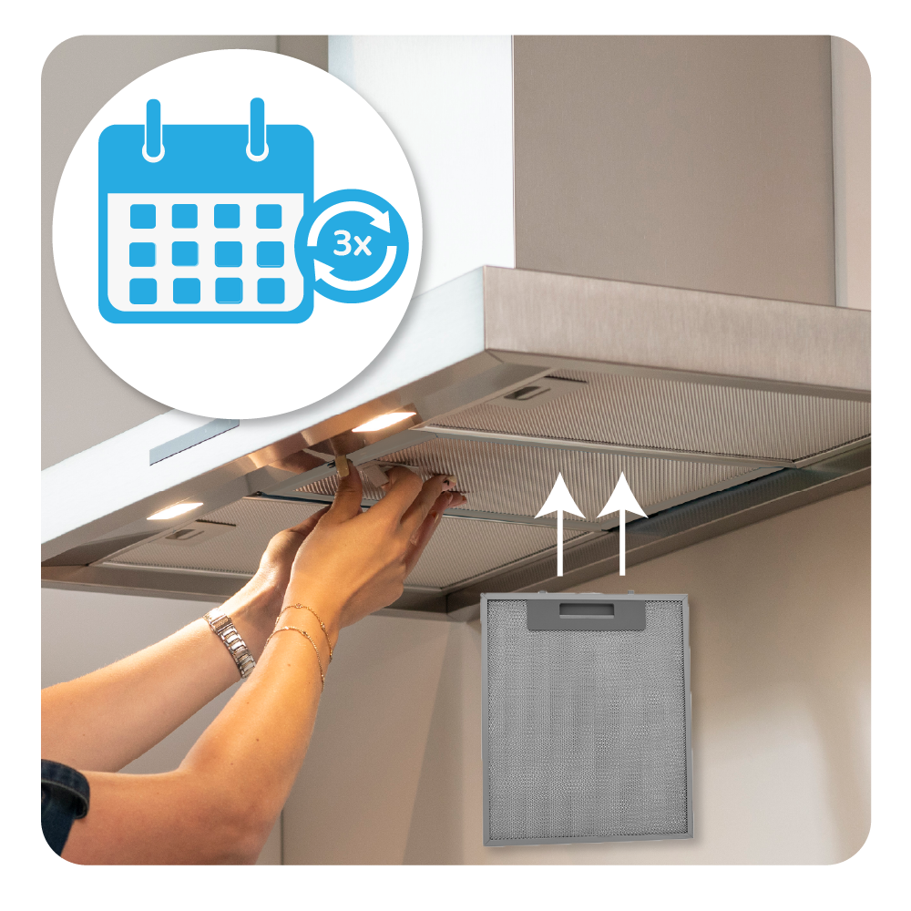 Une icône de calendrier avec 3x indique le remplacement d'un filtre de hotte.