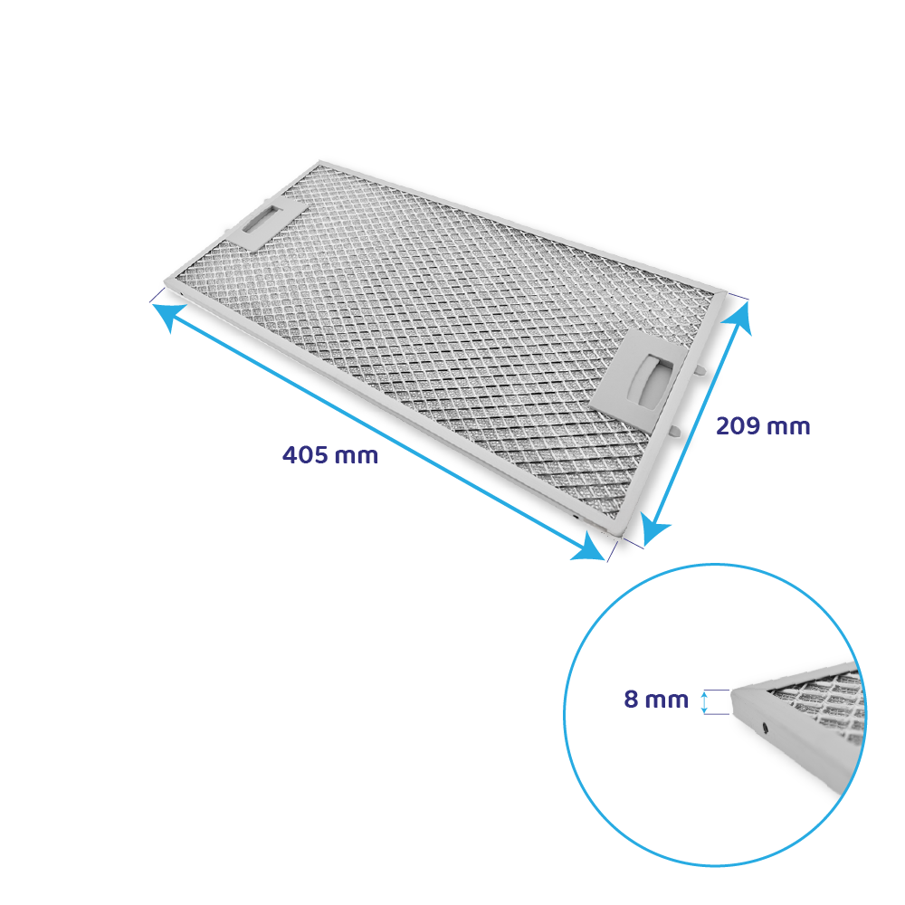 Ein Metallgitter-Filter mit Maßen 405x209x8 mm.