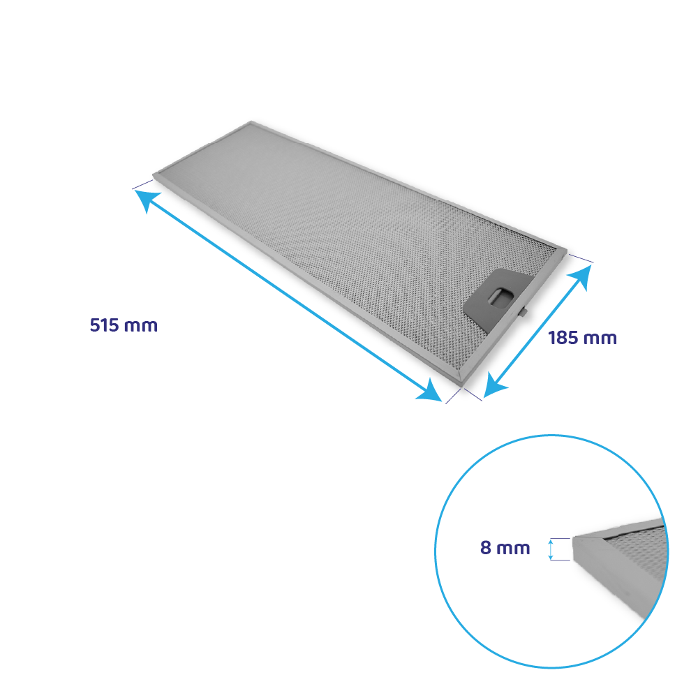 Ein silberner Dunstabzugshaubenfilter mit Maßen 515x185x8 mm.