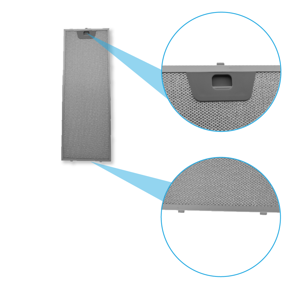 Grauer Metallfettfilter mit zwei vergrößerten Ansichten, die Details zeigen.