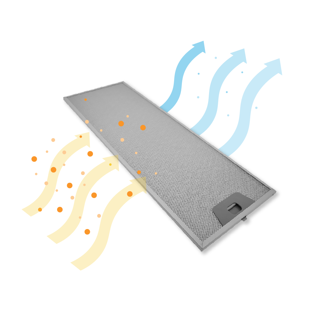 Ein grauer Metallfilter mit orangen Partikeln, die von gelben Pfeilen angesaugt werden.