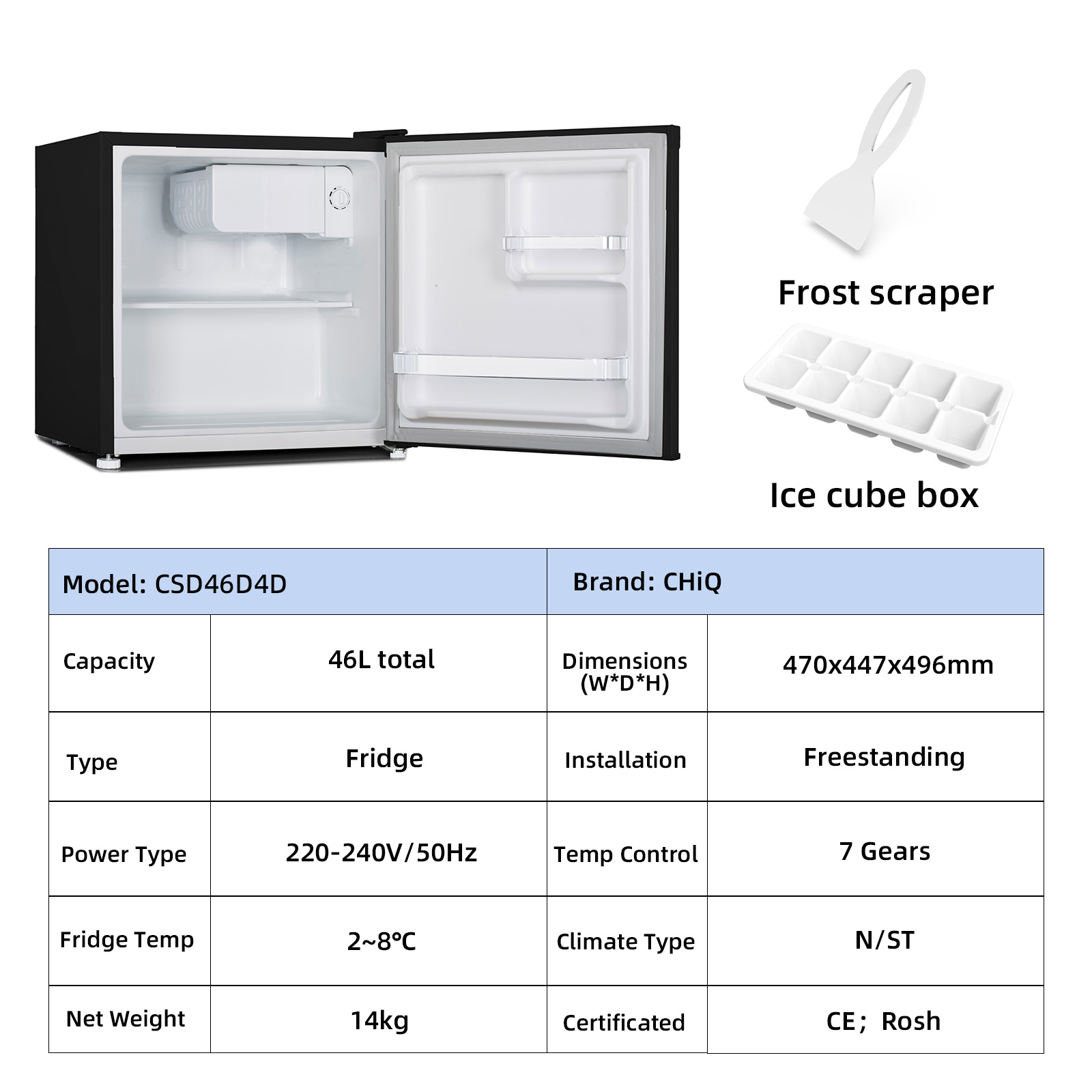 A black CHIQ fridge CSD46D4D, 46L, with frost scraper and ice cube box.
