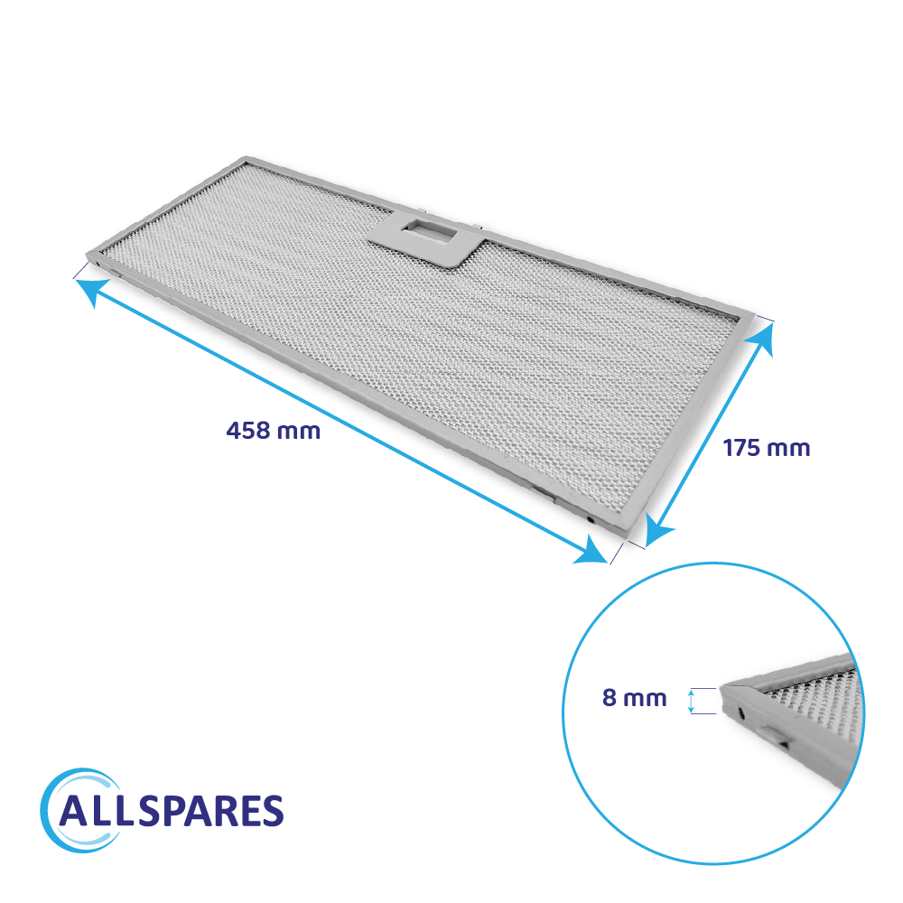 Un filtro argento per cappa con dimensioni 458x175x8 mm.