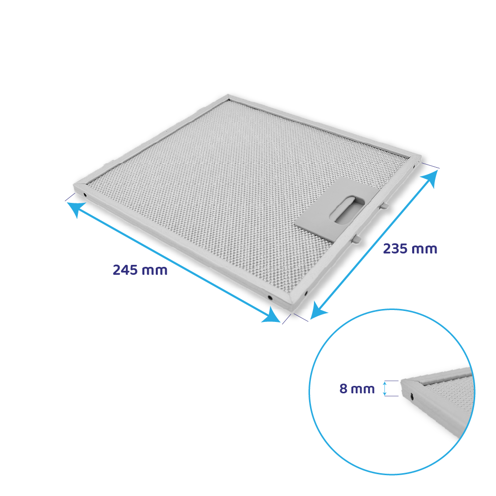 Grauer Dunstabzugshaubenfilter, 245x235x8 mm, mit Griff.