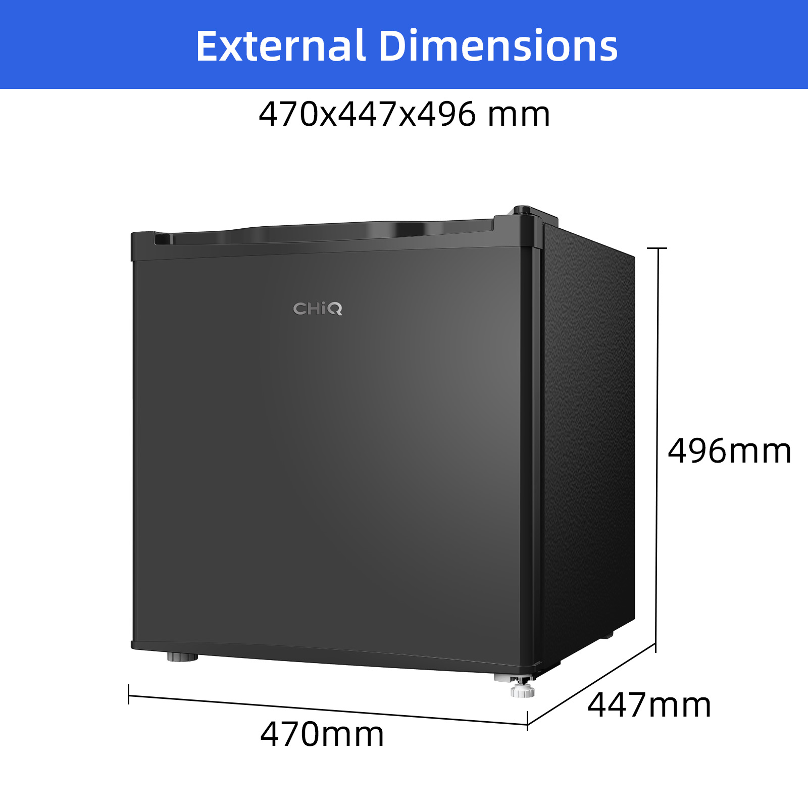 Black mini fridge with dimensions labeled: 470x447x496 mm.
