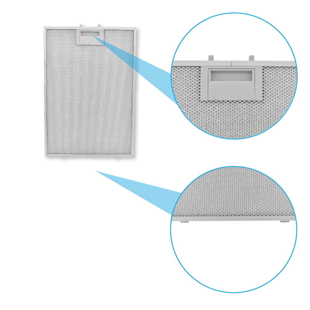 Ein silberner Metallfilter mit einem Ausschnitt, der Details zeigt.