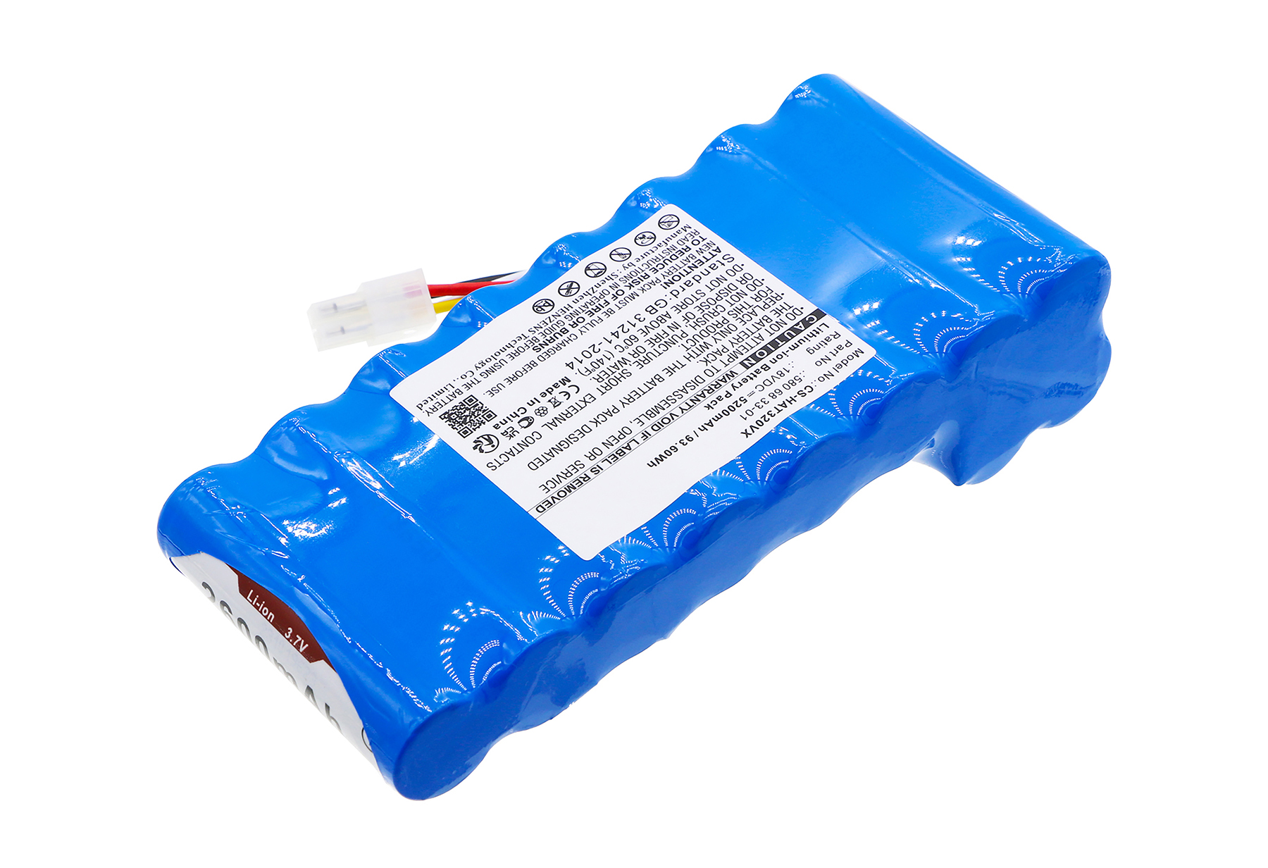 Ein blaues Lithium-Ionen-Akkupack mit Kabel und Etikett mit Warnhinweisen.