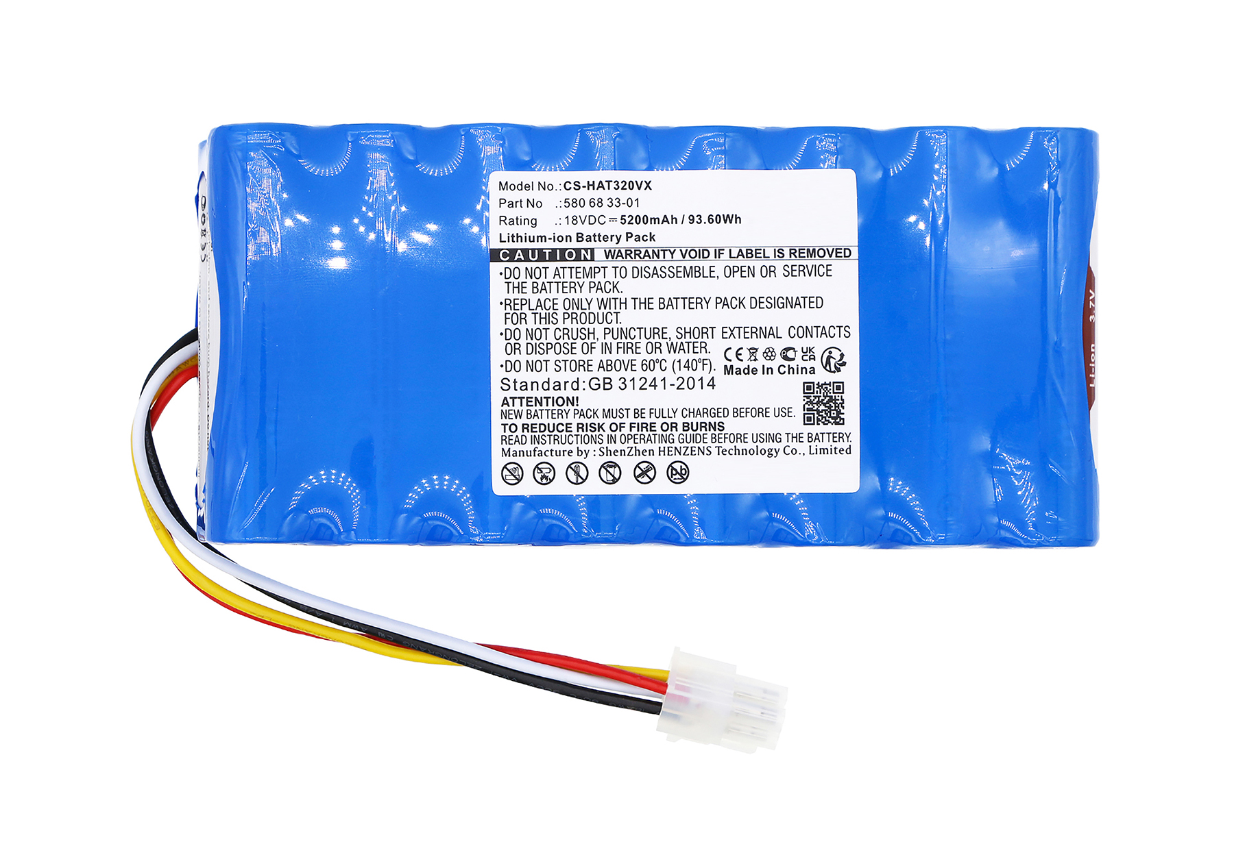 Ein blaues Lithium-Ionen-Akkupack mit Warnhinweisen und Anschlusskabeln.