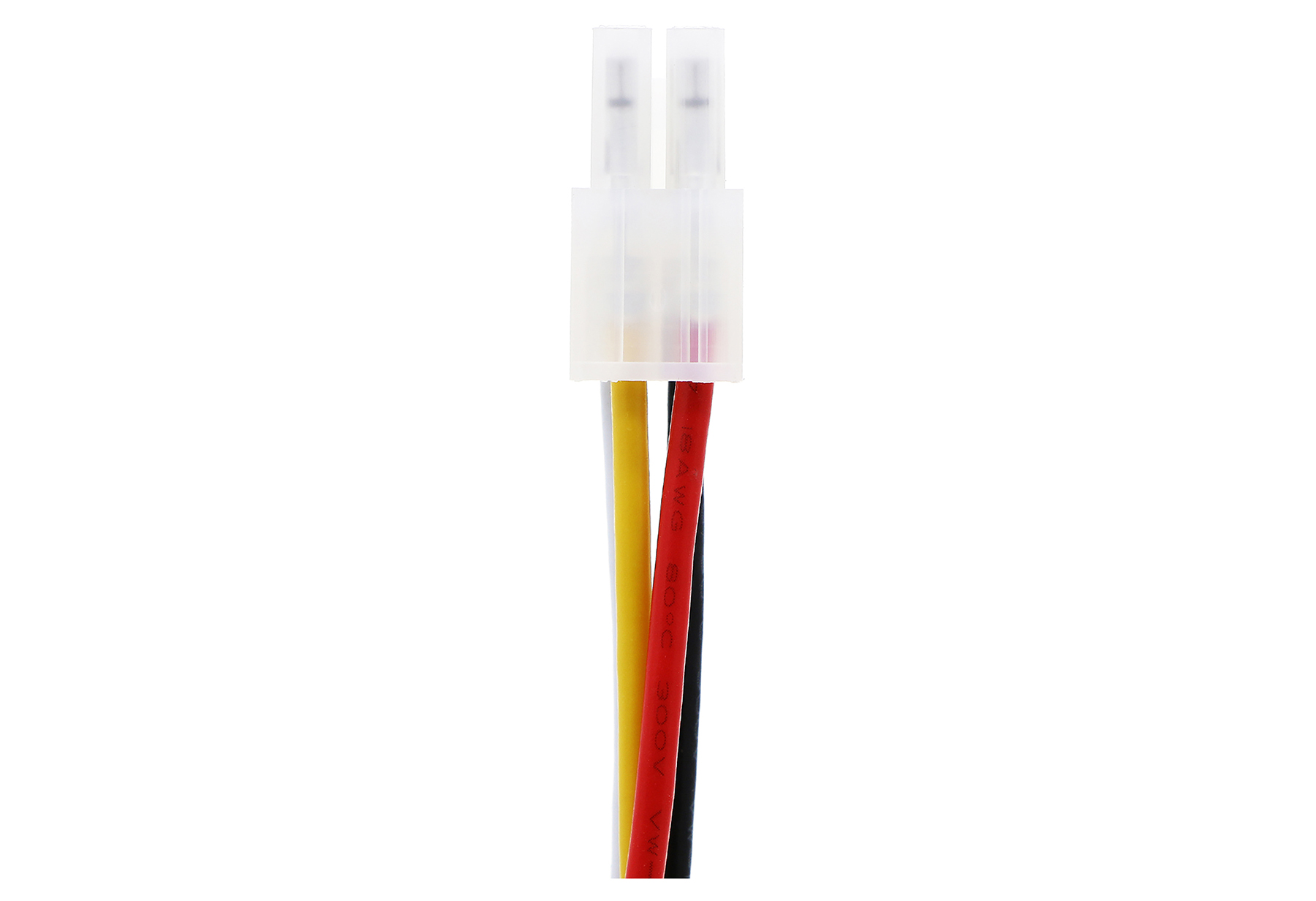 Ein weißer Stecker mit drei Kabeln: gelb, rot und schwarz.