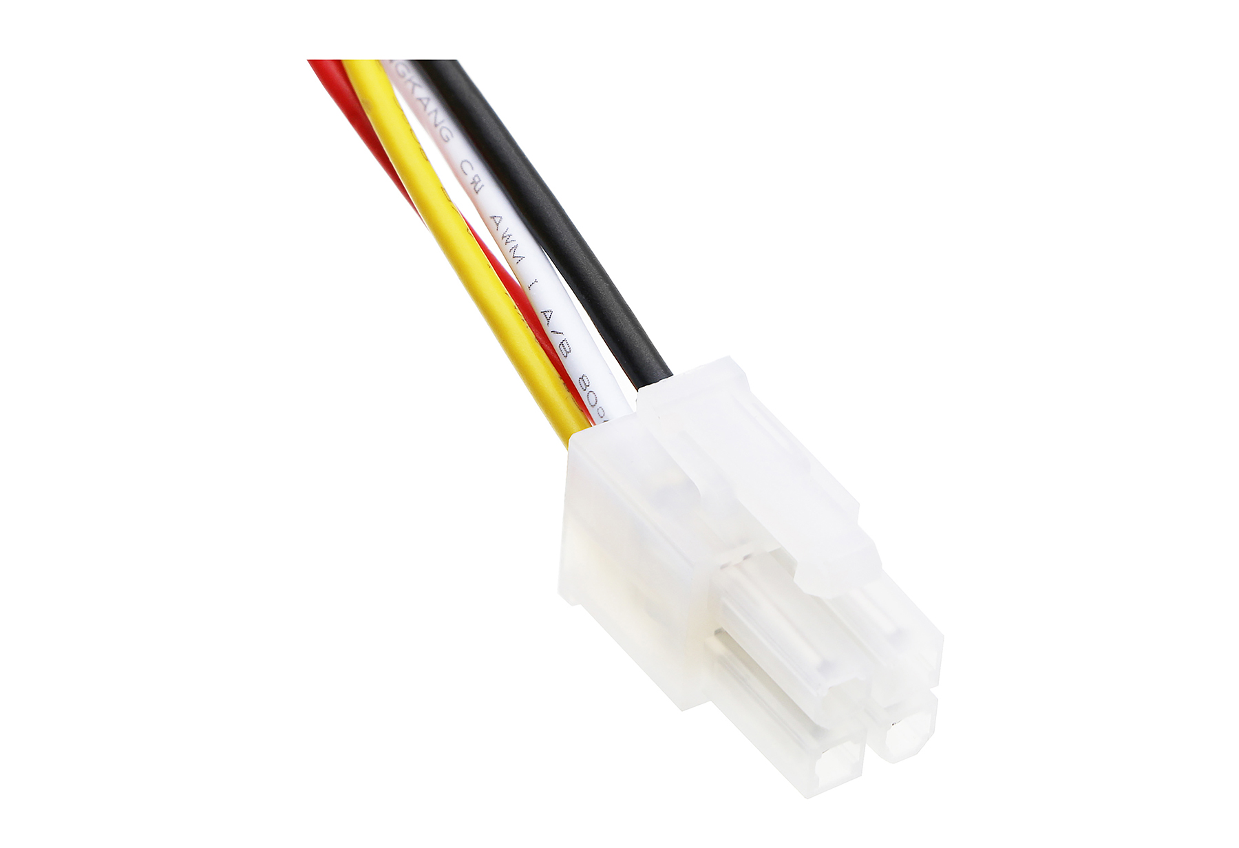Ein weißer Stecker mit roten, gelben und schwarzen Kabeln.