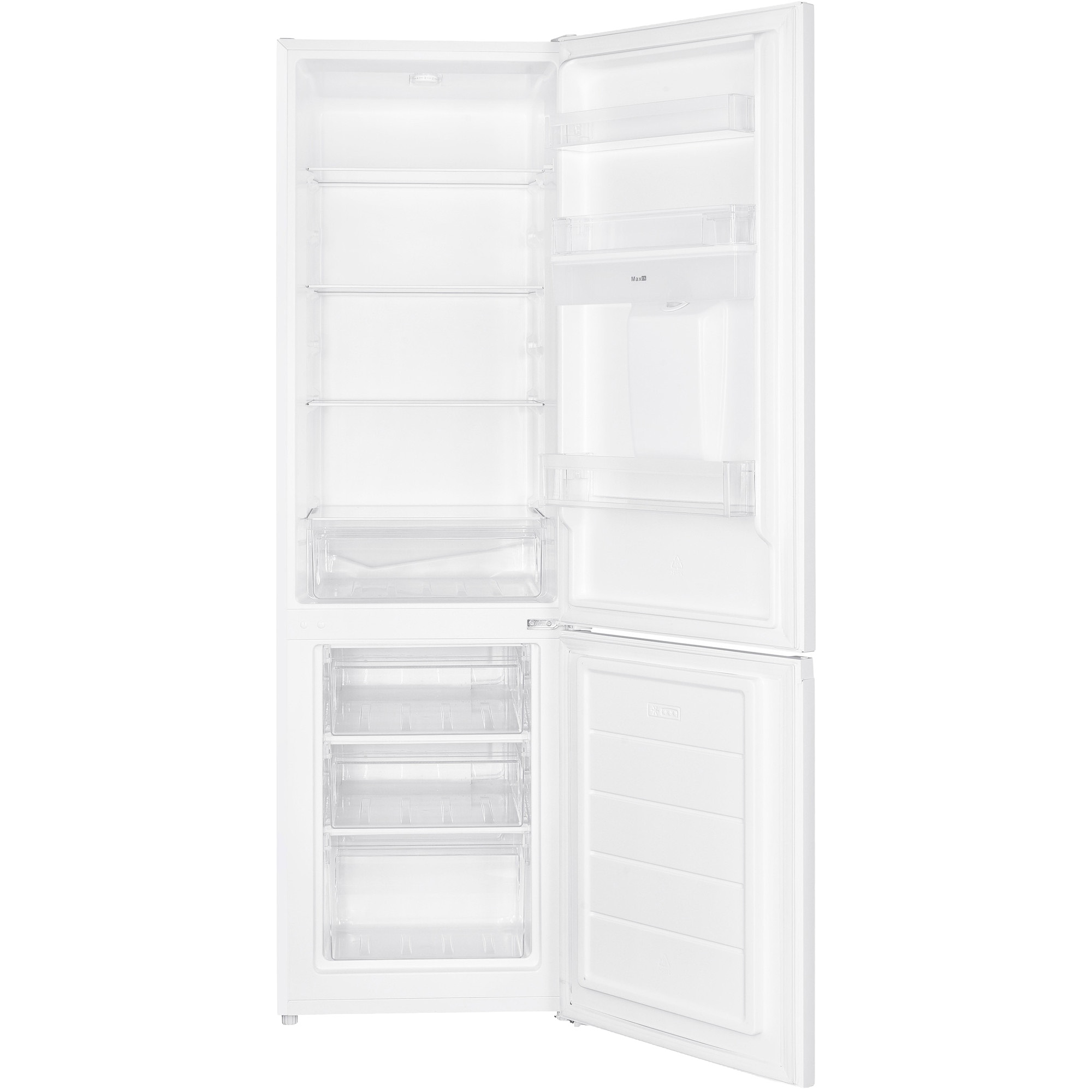 Een witte koelkast met de deur open, met lege binnenplanken en lades.
