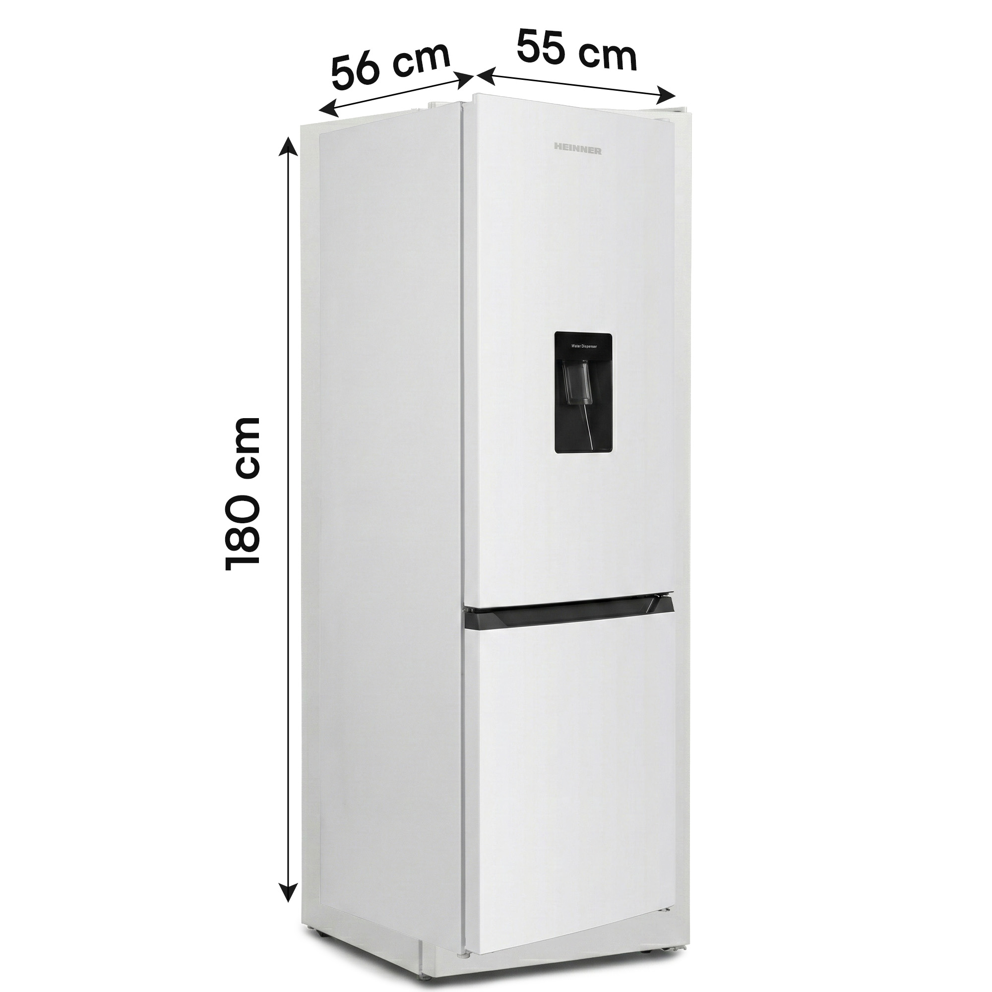 Een witte koelkast met waterdispenser, 180x56x55 cm.