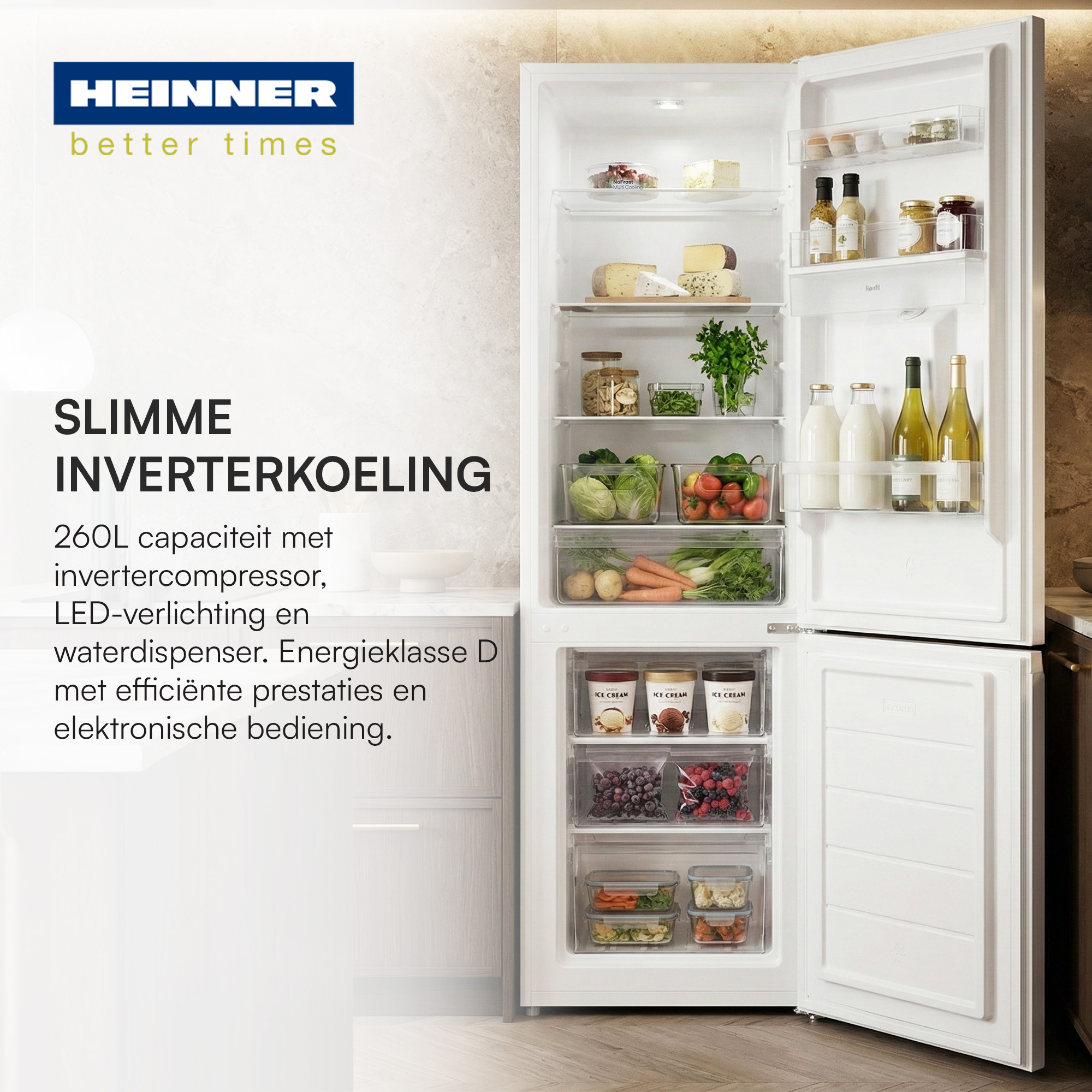 Een open witte koelkast gevuld met voedsel zoals kaas, groenten en ijs.