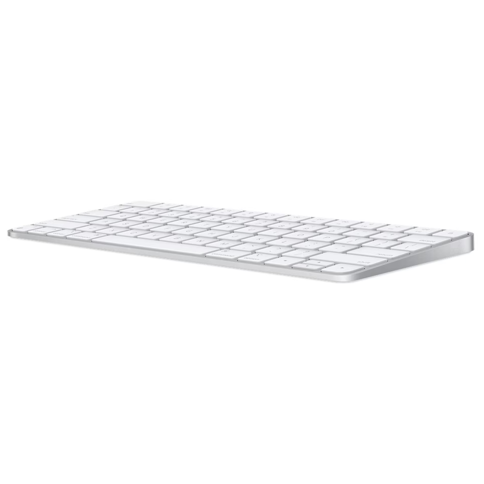 Eine schlanke, weiße Tastatur mit silbernem Rand, auf weißem Hintergrund.