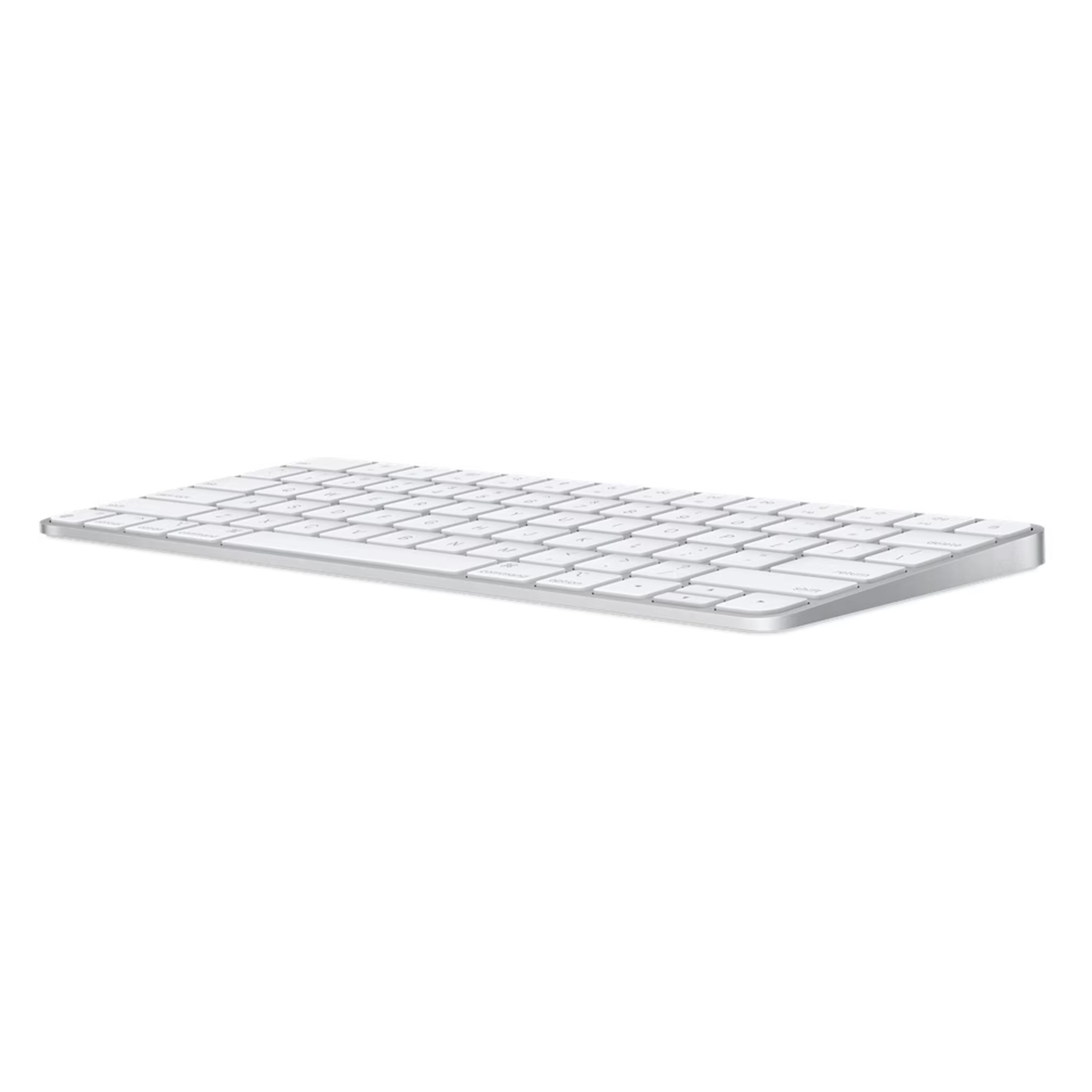 Ein flaches, silbernes Apple Magic Keyboard auf weißem Hintergrund.