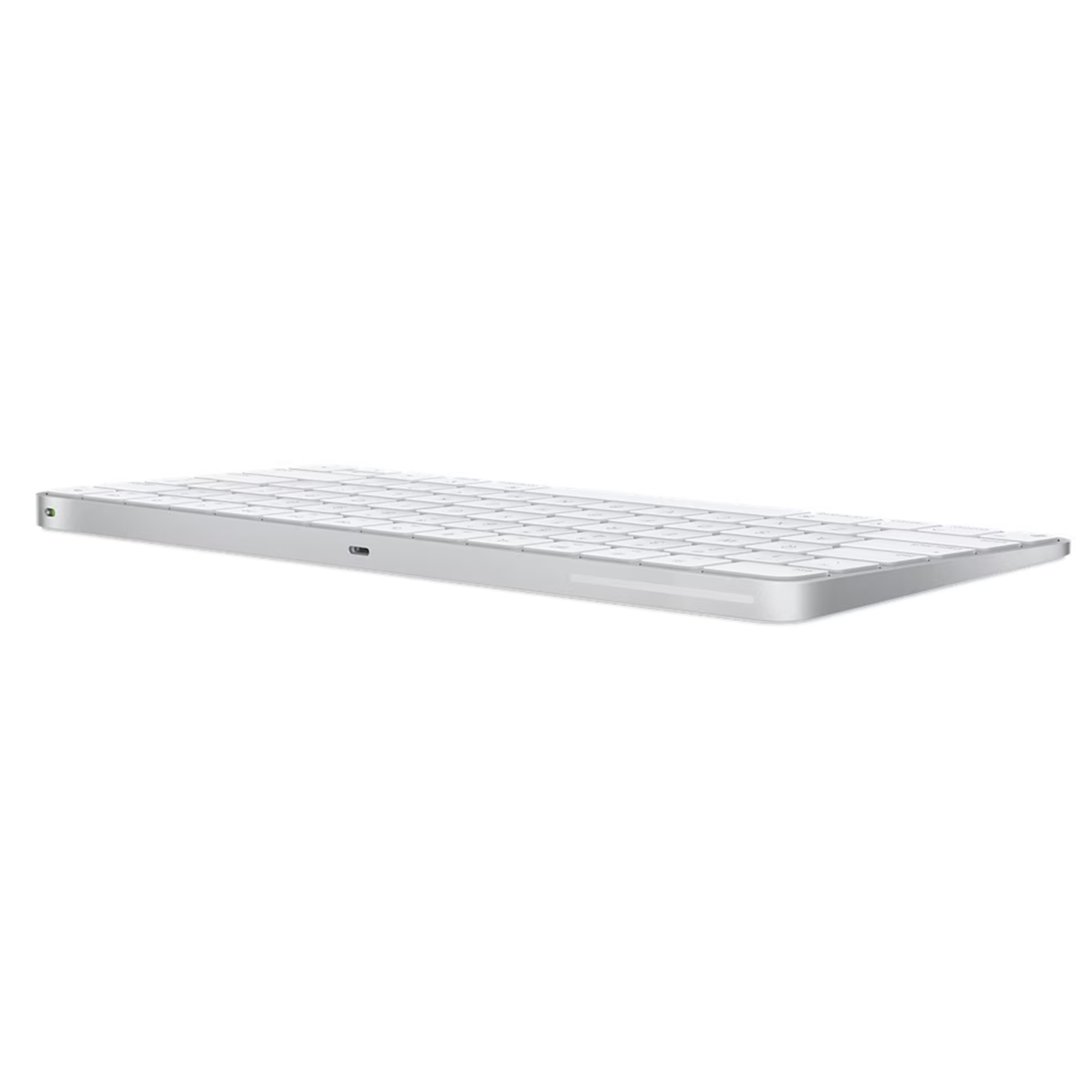 Eine schlanke, silberne Computertastatur mit weißen Tasten.