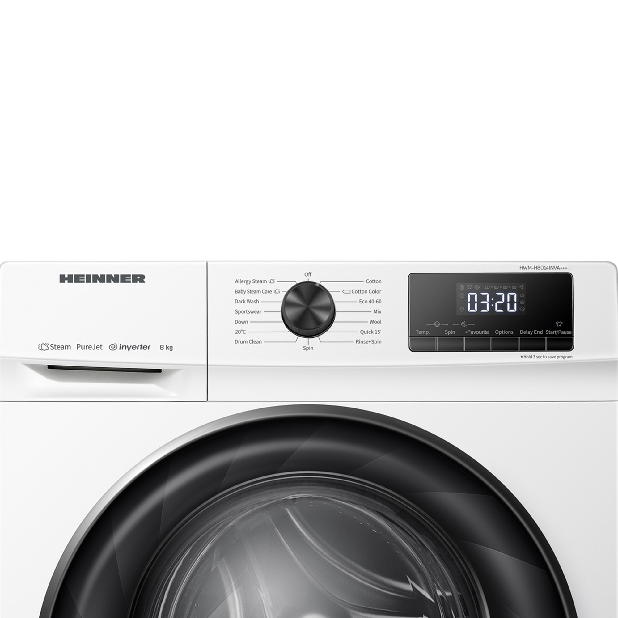 Eine weiße Waschmaschine mit einem Bedienfeld und einer digitalen Anzeige, die 03:20 anzeigt.