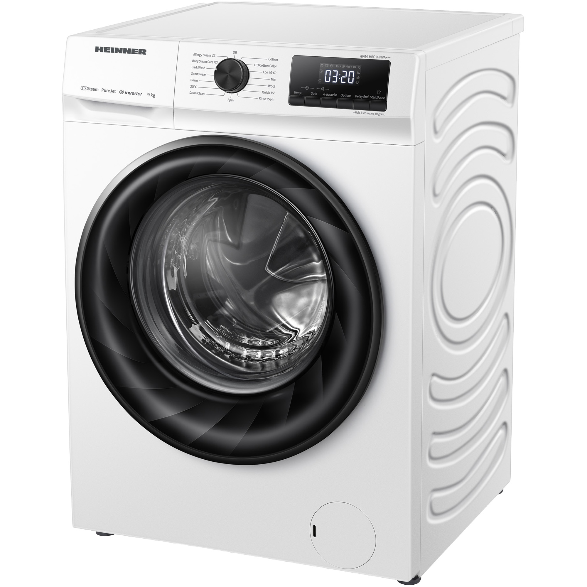 Eine weiße HEINNER Waschmaschine mit schwarzer Tür und digitalem Display.