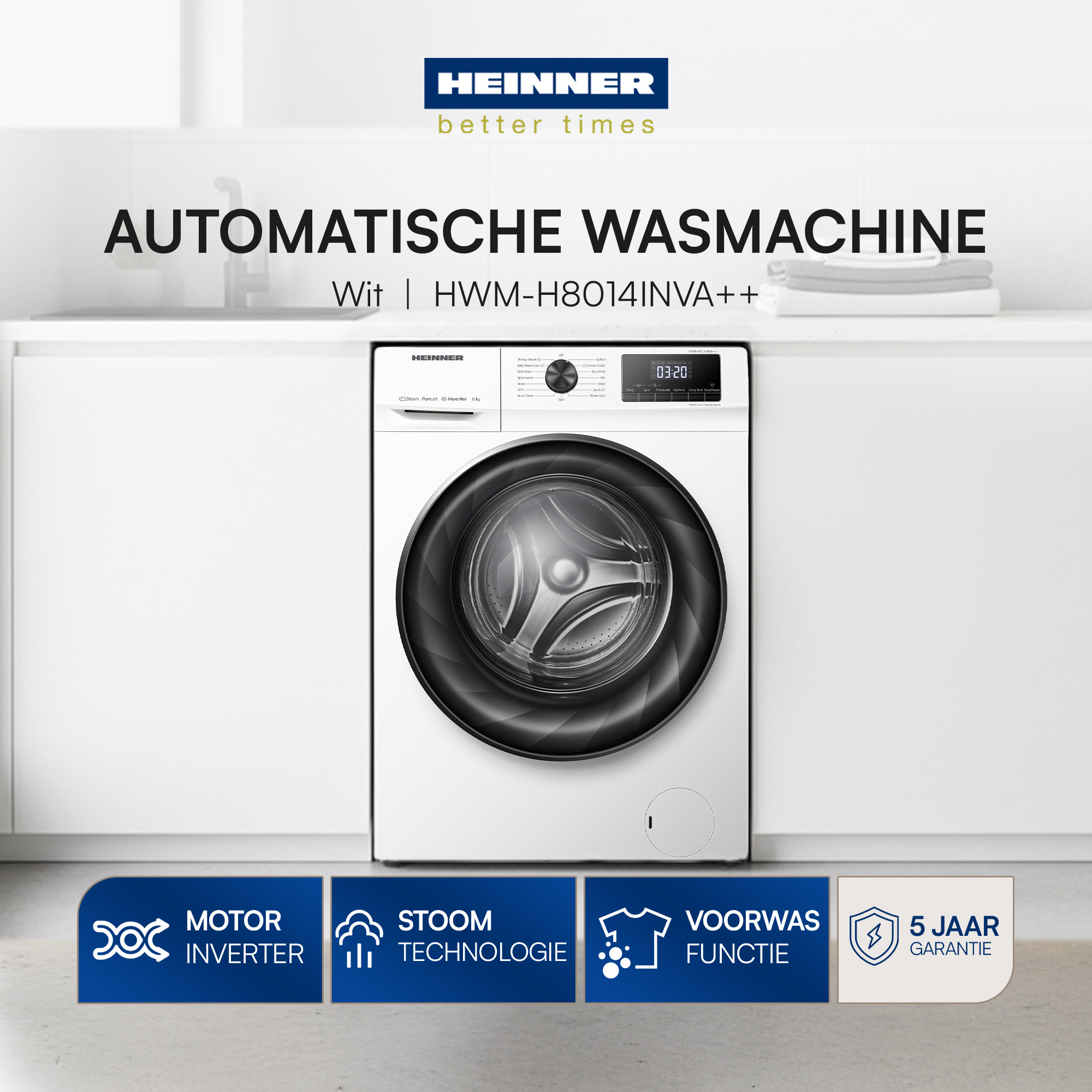 Weiße Heinner Waschmaschine mit digitaler Anzeige und sichtbarer Trommel.