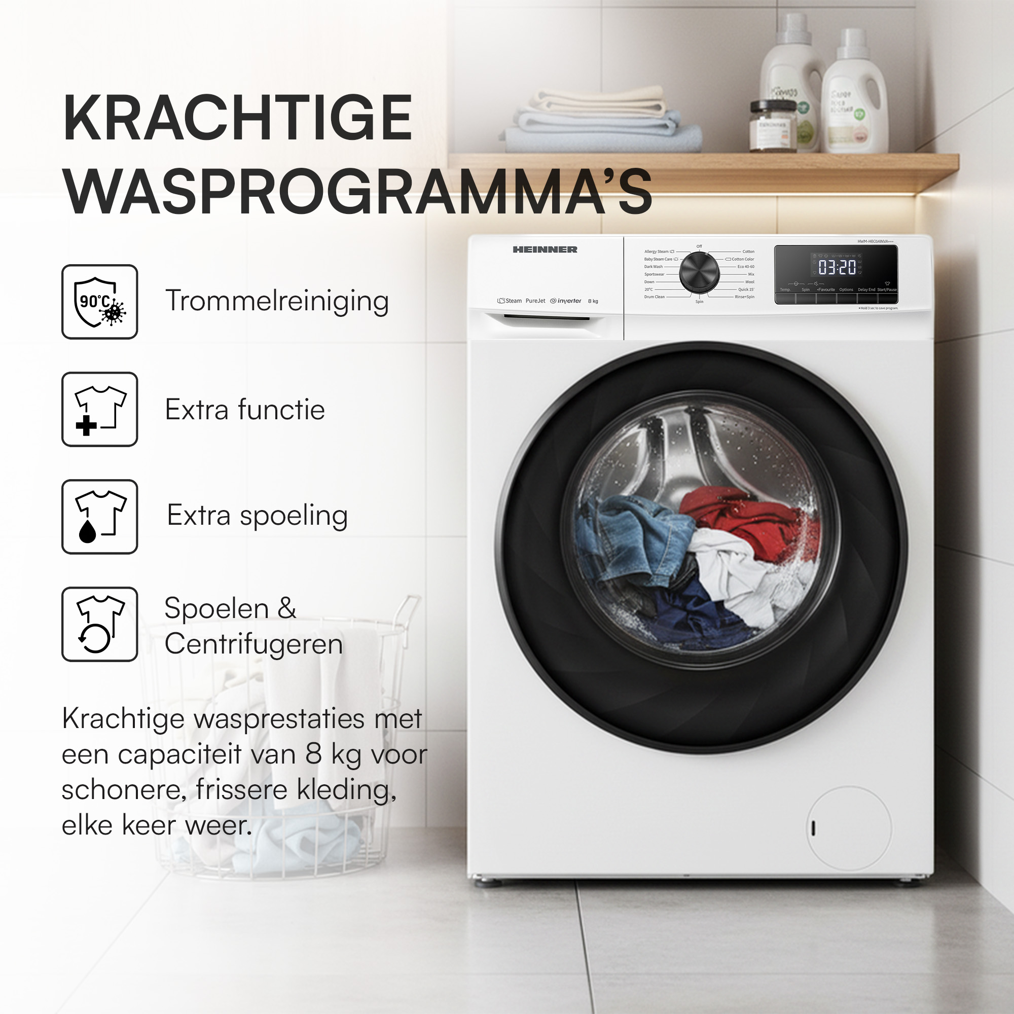 Eine weiße Waschmaschine mit beladenem Trommelfenster und Bedienelementen.
