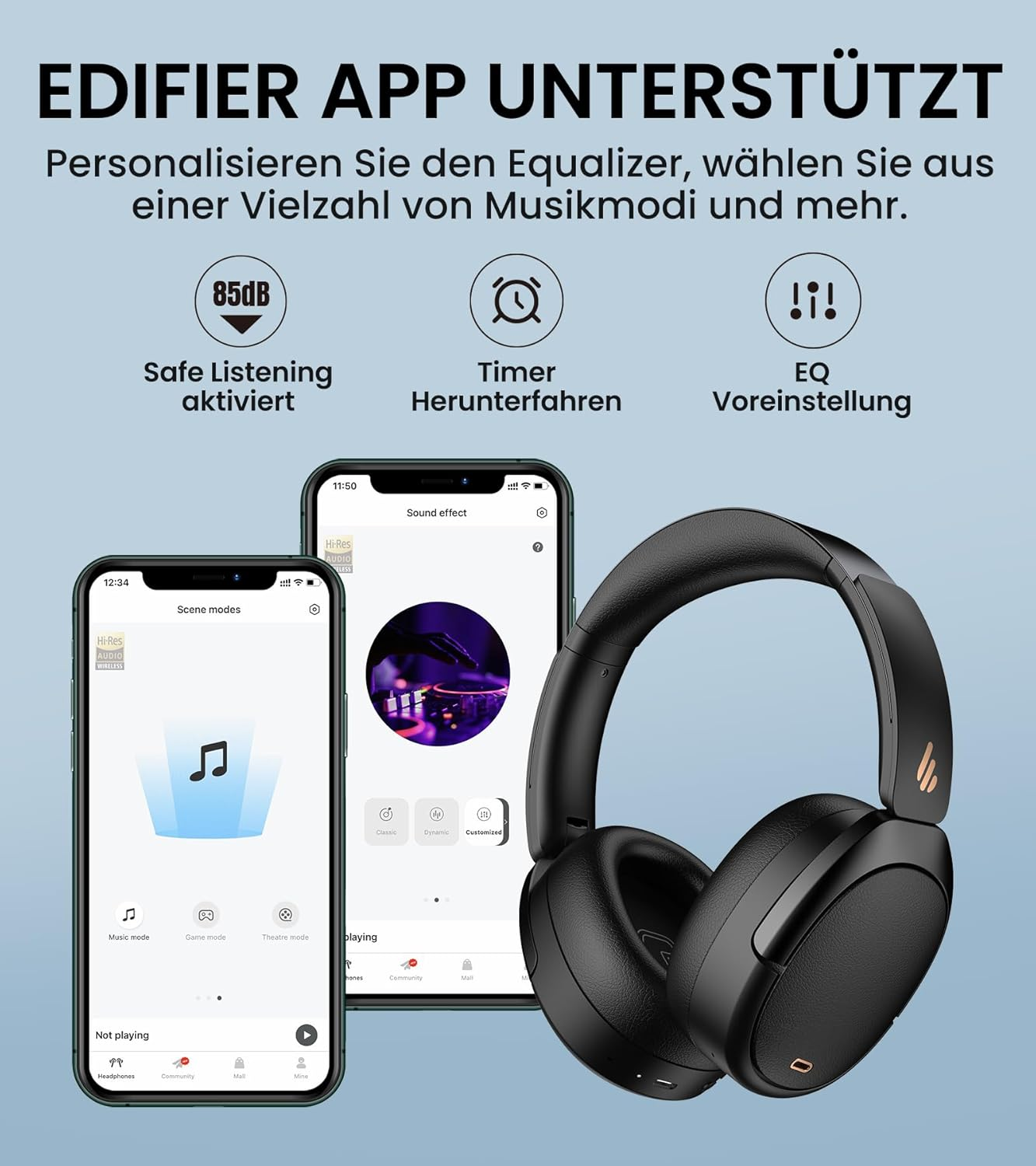 Schwarze Kopfhörer mit Edifier App auf zwei Handys, die EQ, Timer & sicheres Hören zeigen.