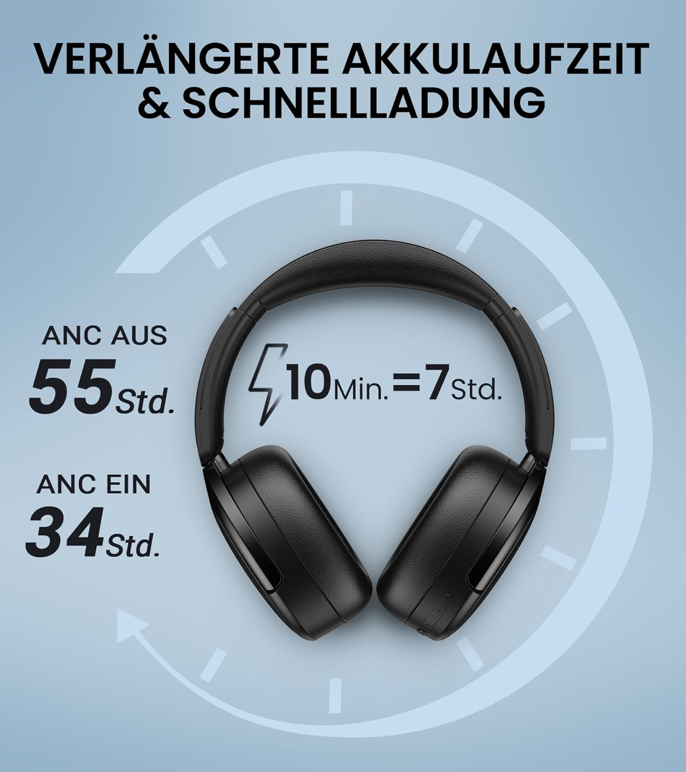 Schwarze Kopfhörer mit Akkulaufzeitangaben: 55 Std. (ANC aus), 34 Std. (ANC ein).