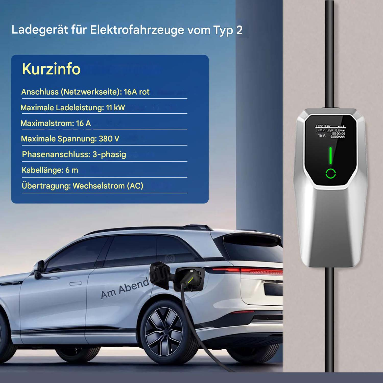 Ein Elektroauto wird mit einem Typ-2-Ladegerät geladen. Technische Daten sind aufgeführt.