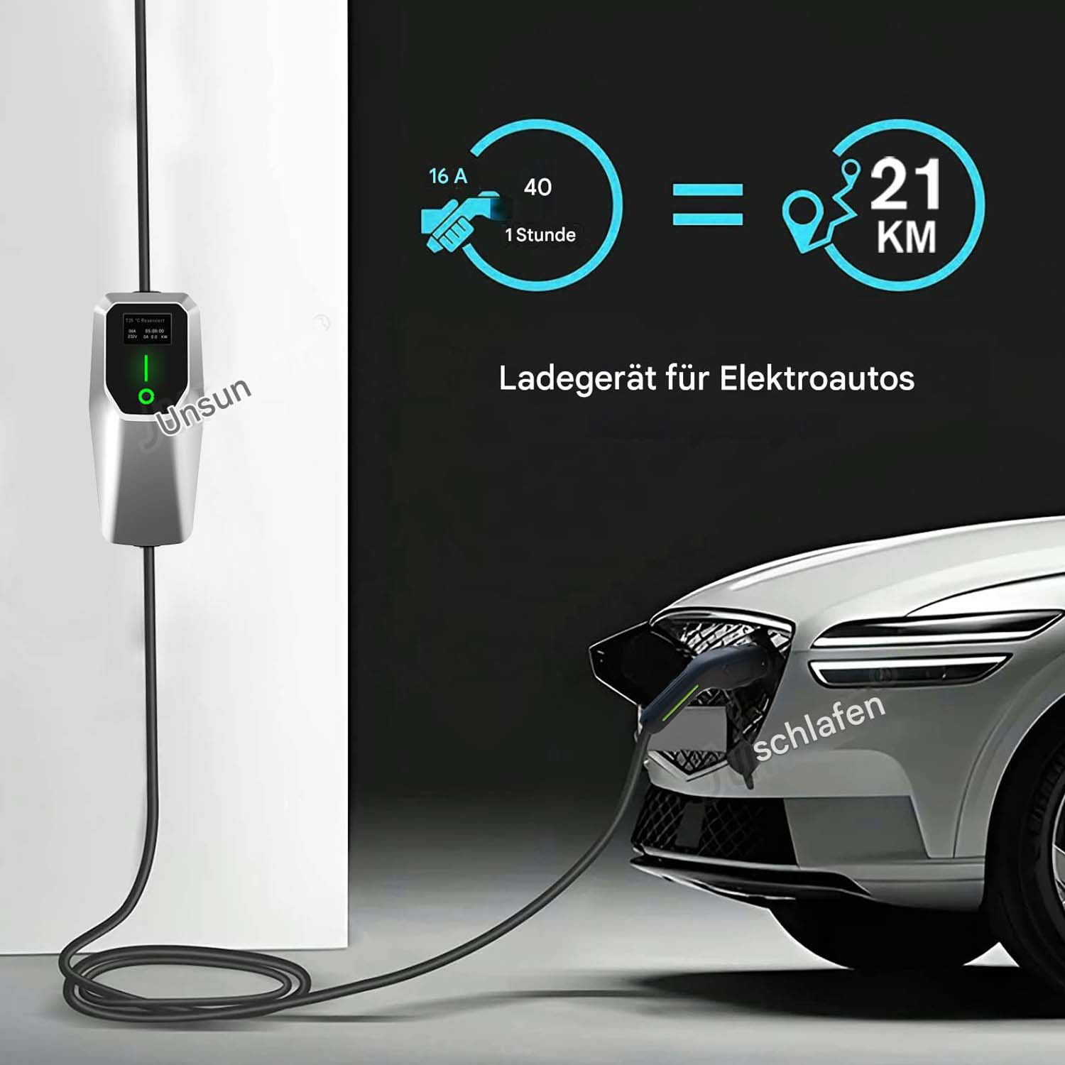 Ladegerät für Elektroautos: 16A, 1 Stunde Ladezeit ergibt 21 KM Reichweite.