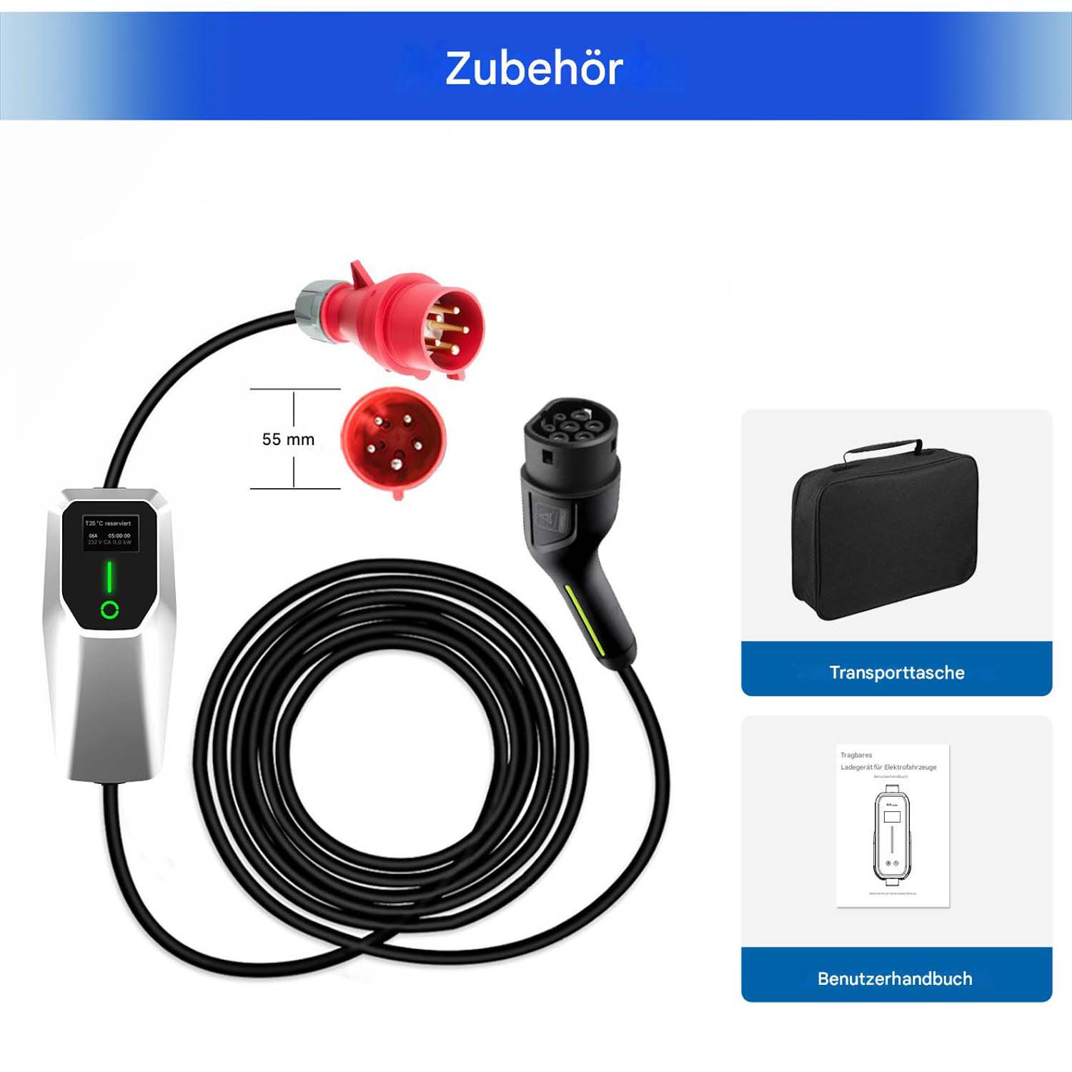 Ladestation, roter Stecker, schwarzes Kabel und eine schwarze Tragetasche.