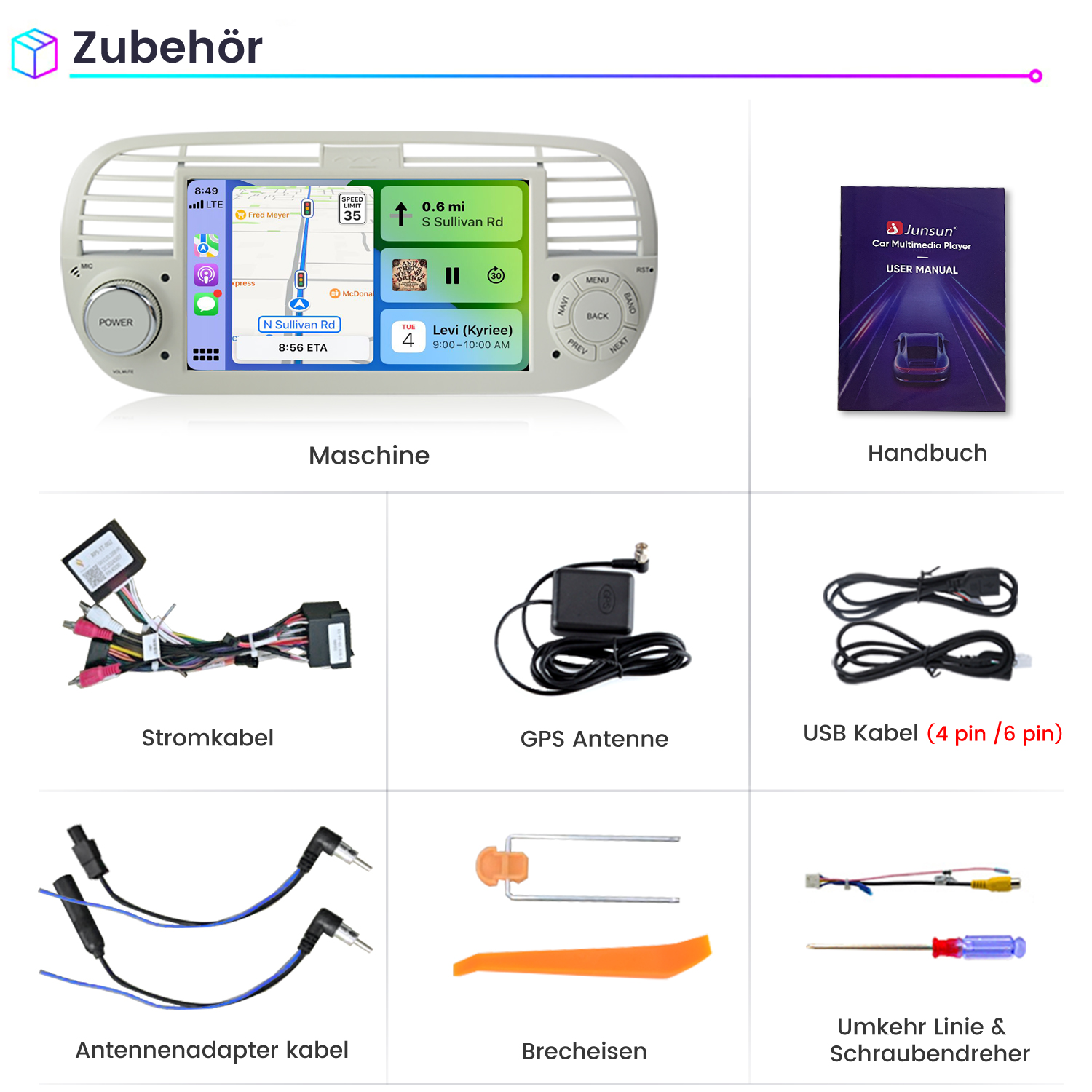 Ein Auto-Multimedia-Player mit Navigationsbildschirm und Zubehör.