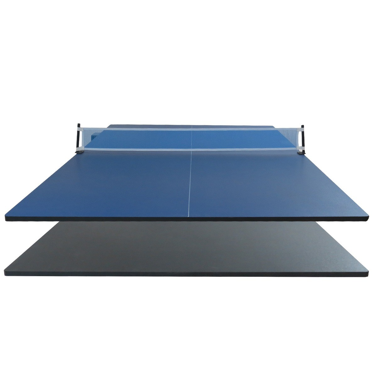 Blauw tafeltennis tafel met net en grijze basis.